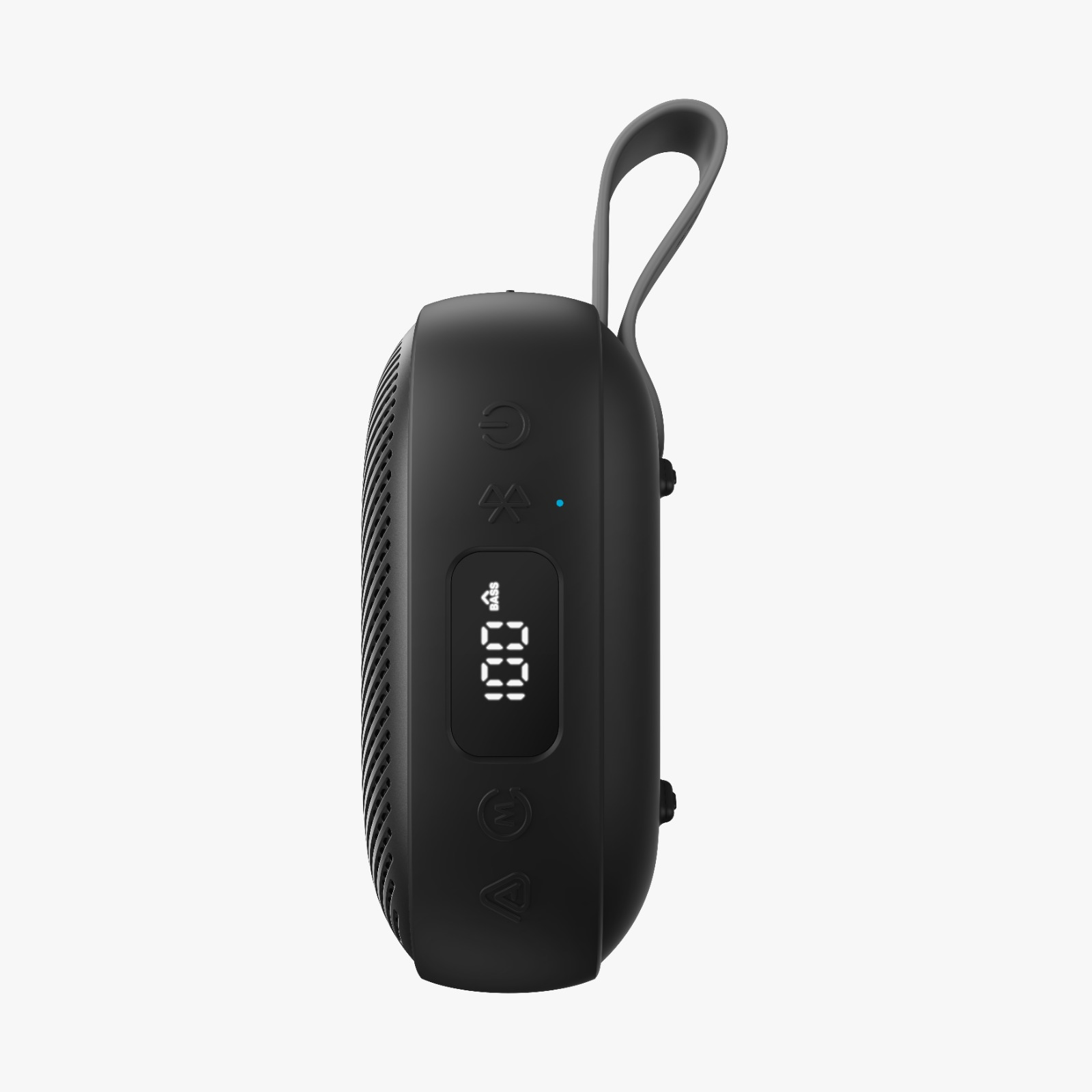Dijital ekranlı ve gri taşıma kayışlı siyah, taşınabilir bir bluetooth hoparlör.