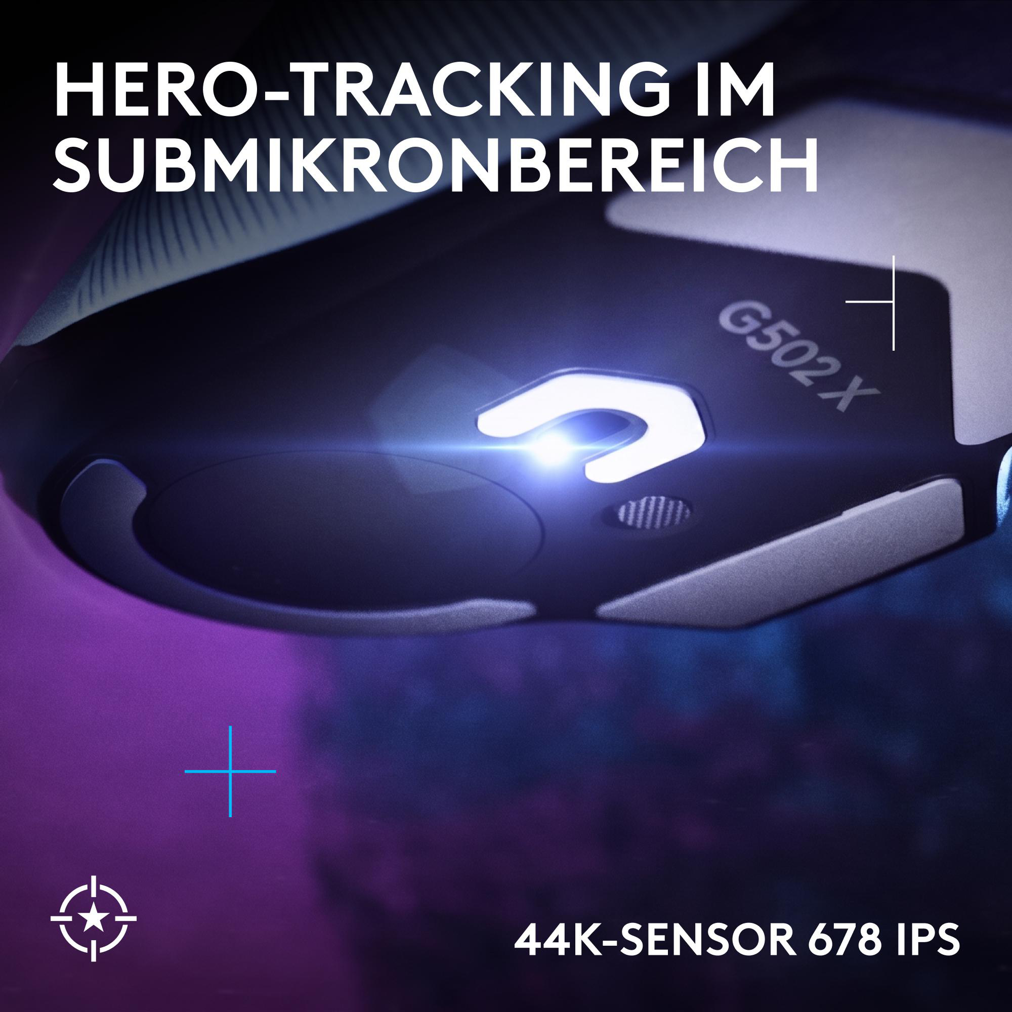 Unterseite der Logitech G502 X Maus mit Sensor, leuchtendem Licht und Text HERO-TRACKING IM SUBMIKRONBEREICH und 44K-SENSOR.