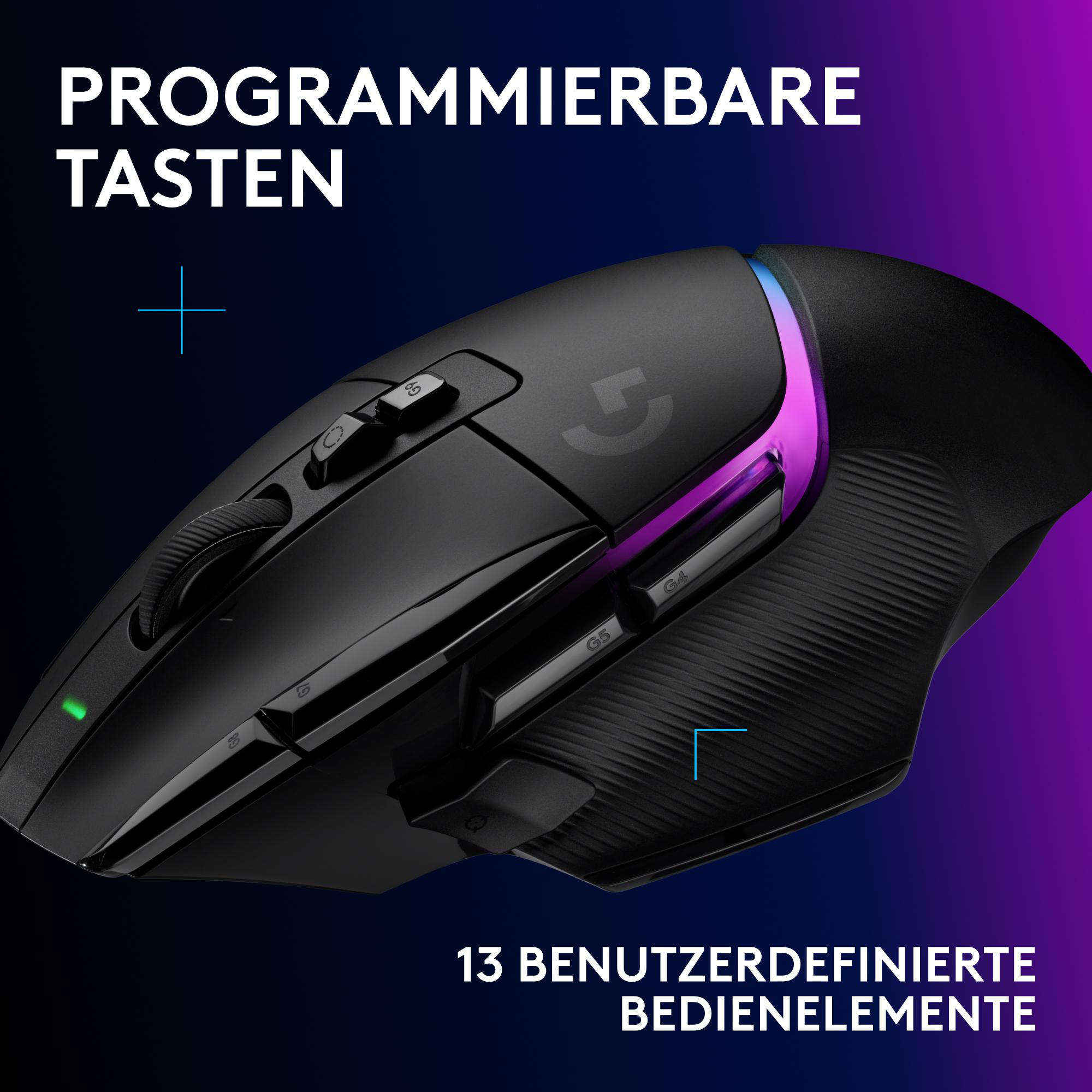 Schwarze Gaming-Maus mit RGB-Beleuchtung und programmierbaren Tasten vor blau-violettem Hintergrund.