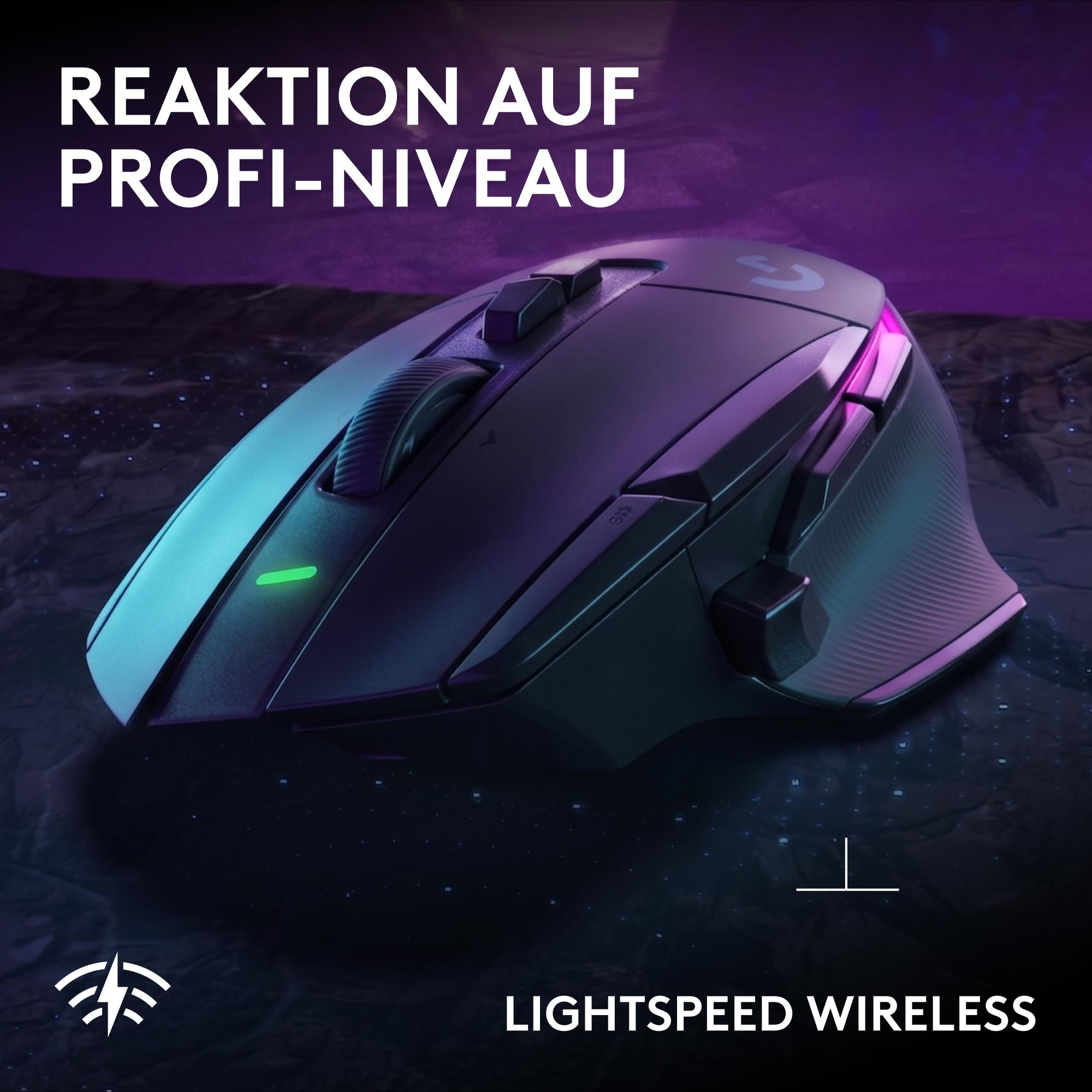Eine schwarze kabellose Gaming-Maus mit blauer und lila Beleuchtung auf einem dunklen Untergrund mit Text.