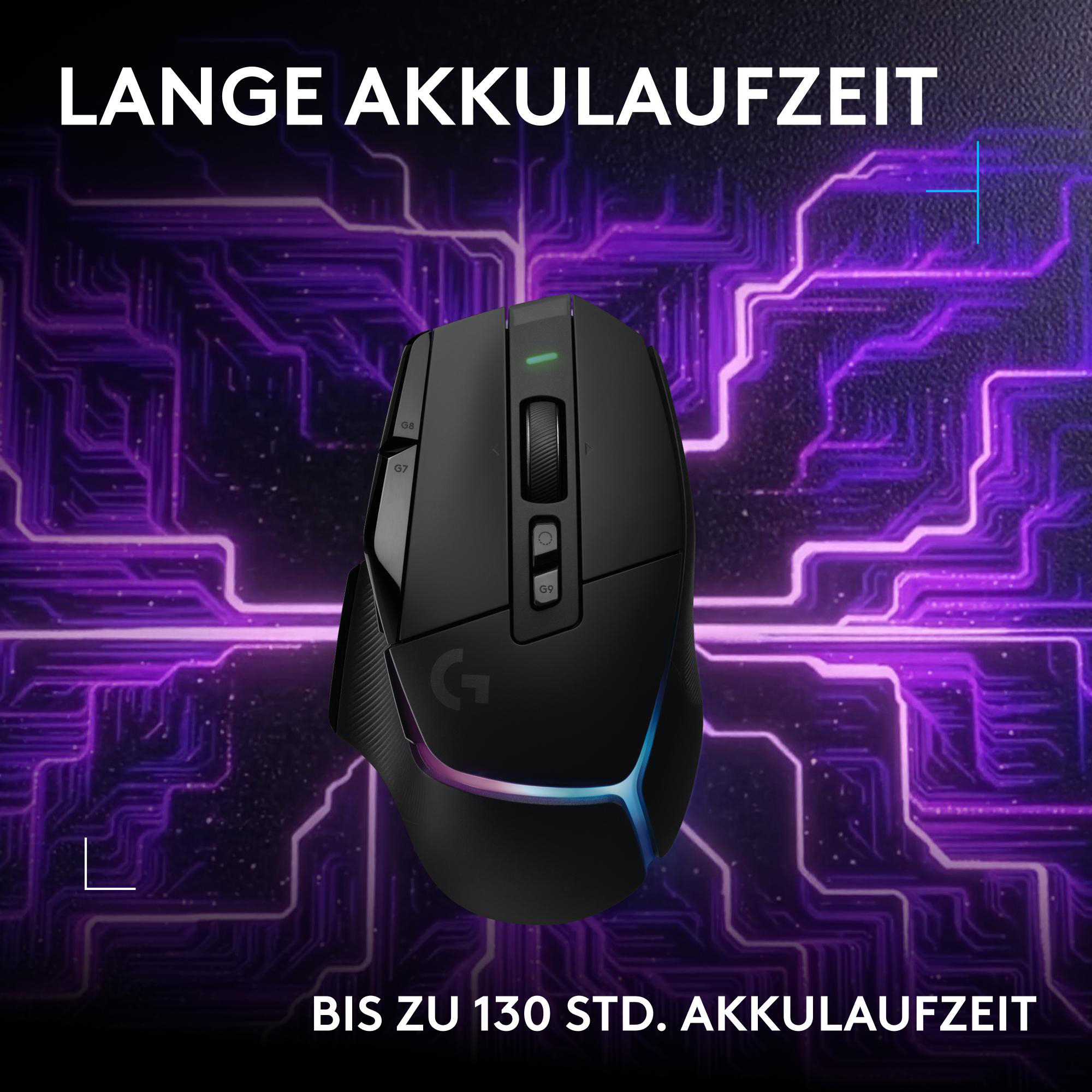 Schwarze Gaming-Maus vor einem violetten, leuchtenden Leiterplarten-Hintergrund mit Text.