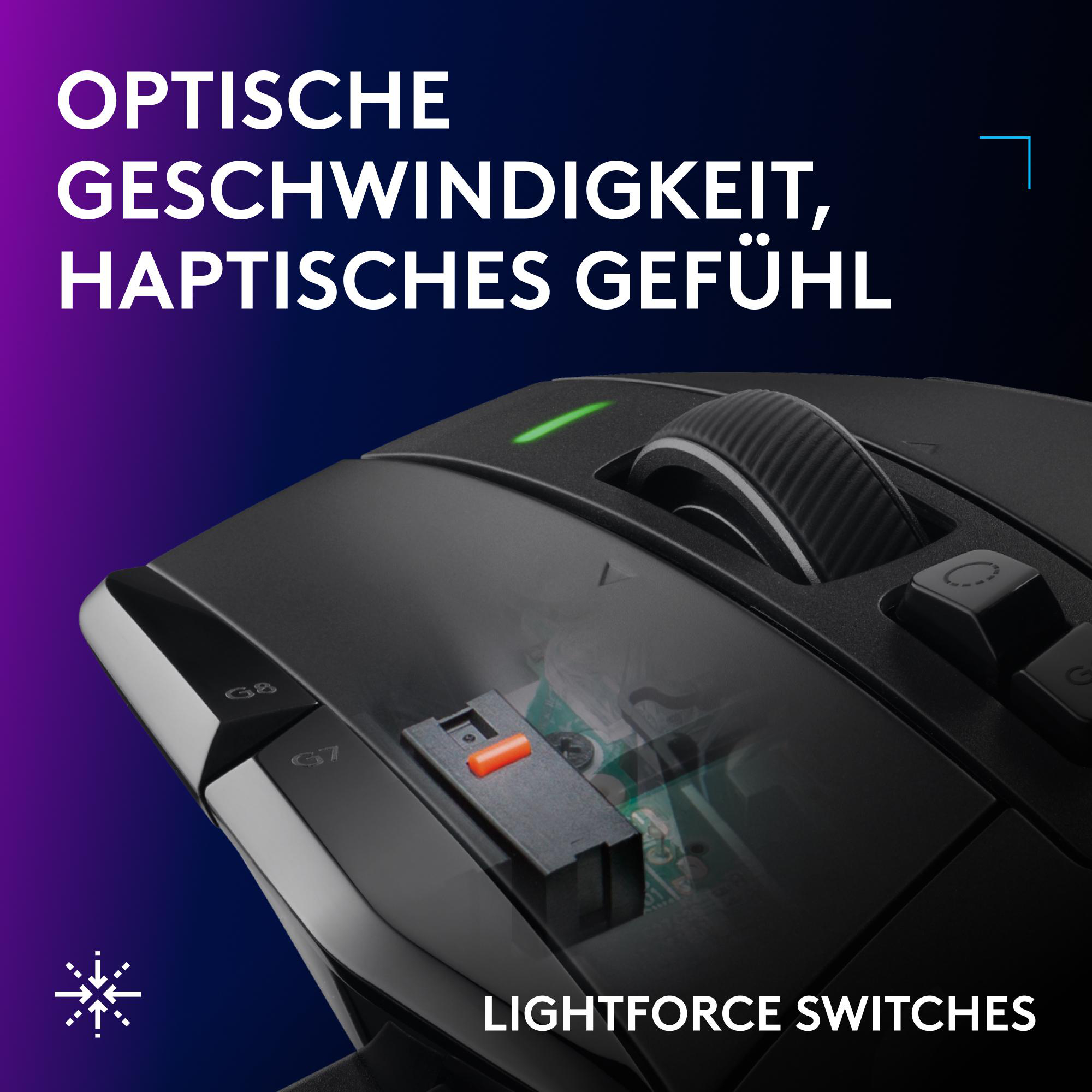 Nahaufnahme einer schwarzen Computermaus mit optischen Lightforce-Schaltern und deutscher Textüberlagerung.