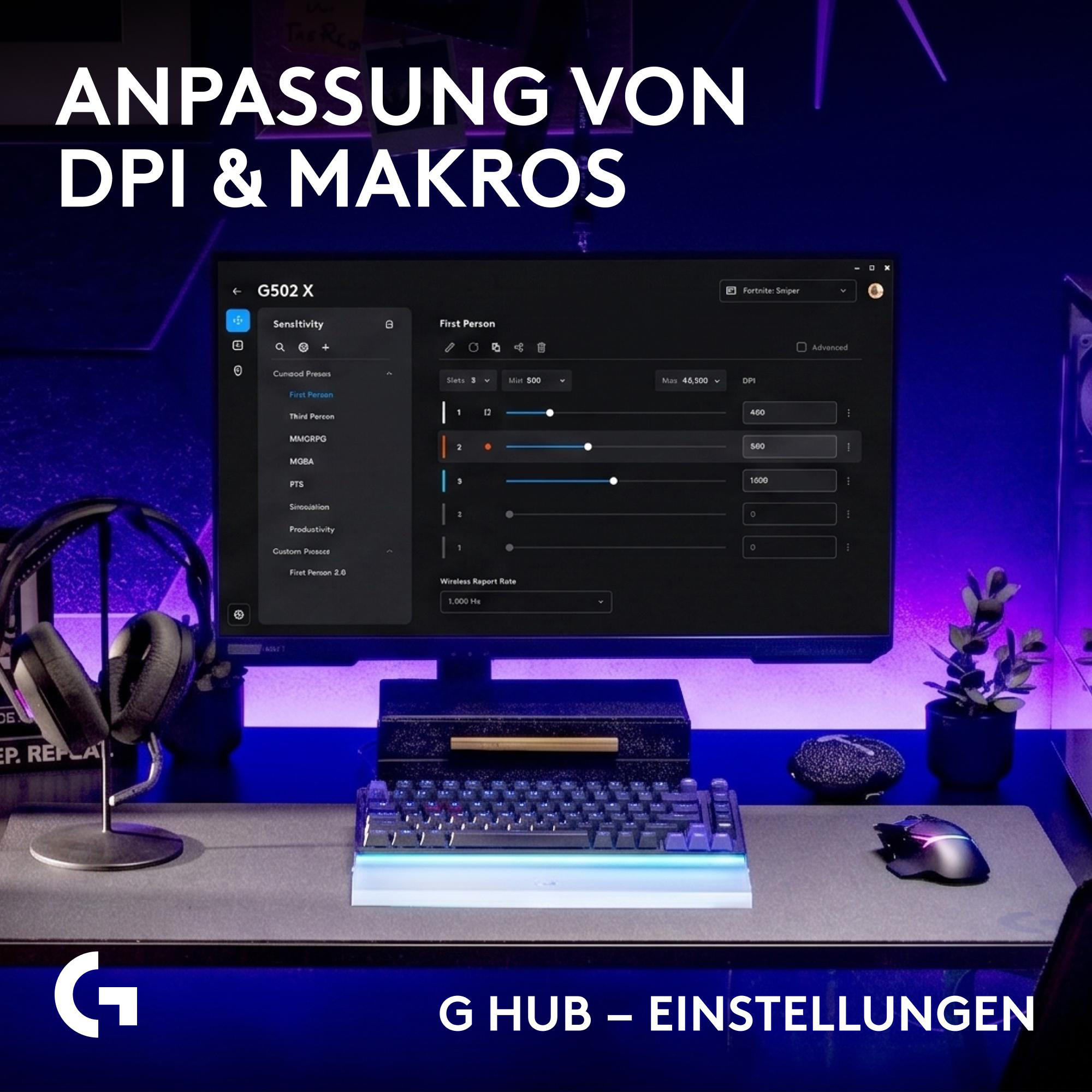 Gaming-Setup mit Monitor, der G HUB Software für DPI- und Makro-Anpassung, Tastatur, Maus und Kopfhörern.