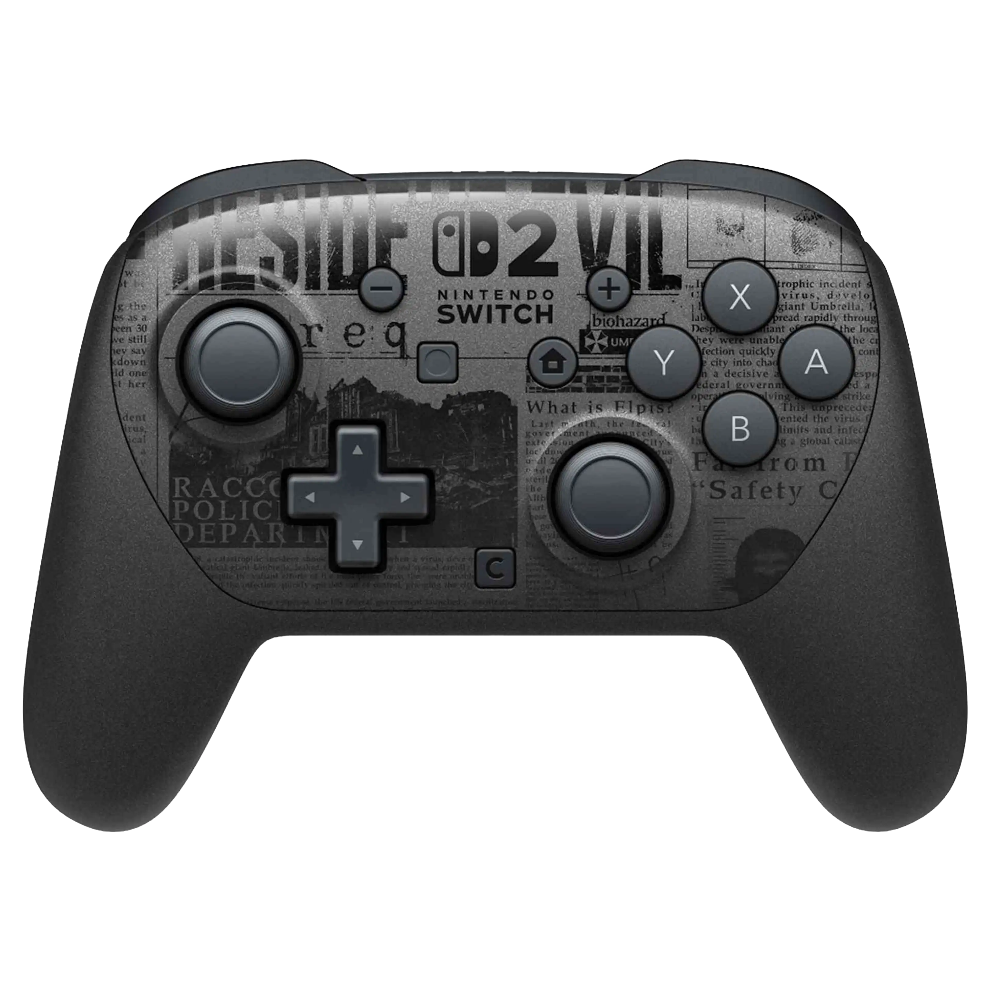 Szary kontroler Nintendo Switch Pro z motywem gazety Resident Evil z przodu.