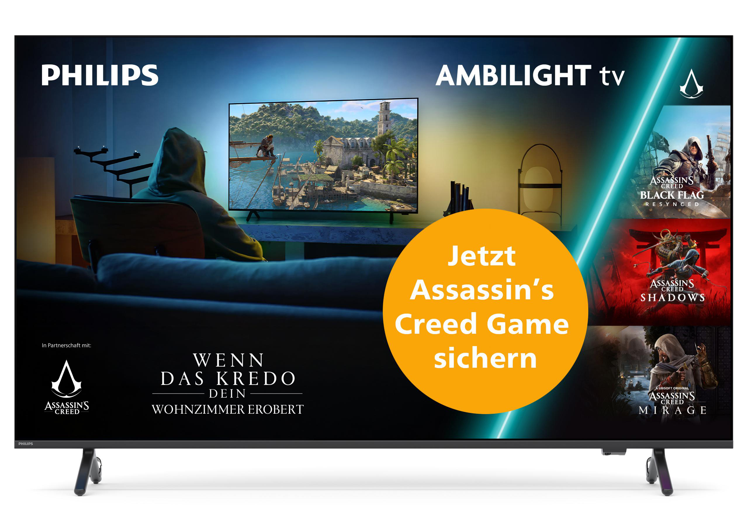 Philips Ambilight Fernseher zeigt Assassin's Creed, mit Text und einer Person im abgedunkelten Zimmer.