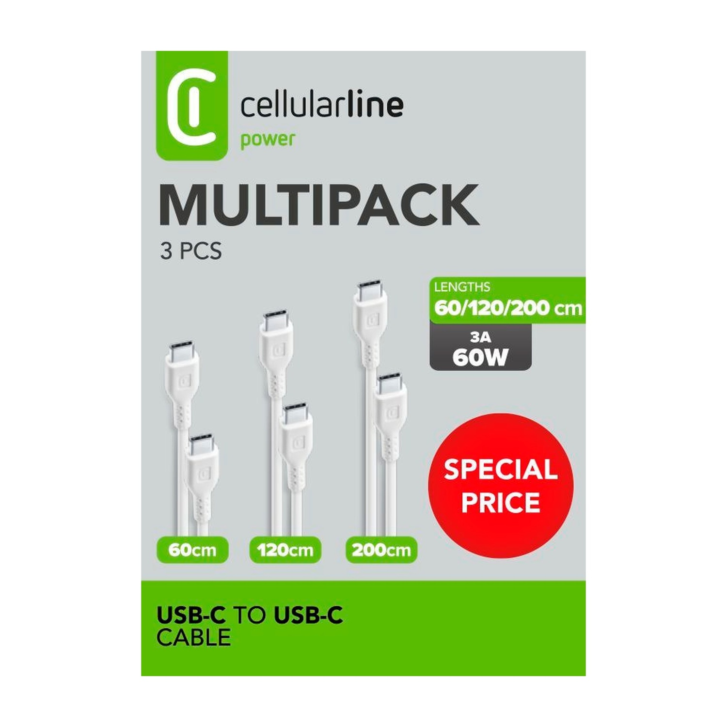Multipack di cavi USB-C a USB-C Cellularline con tre cavi bianchi da 60cm, 120cm e 200cm.