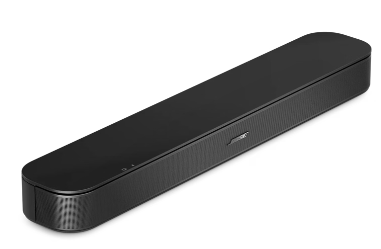 Czarny soundbar Bose z gładką górą i metalową kratką z przodu.