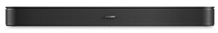 Czarny soundbar Bose leży poziomo na białym tle, z umieszczonym pośrodku srebrnym logo.