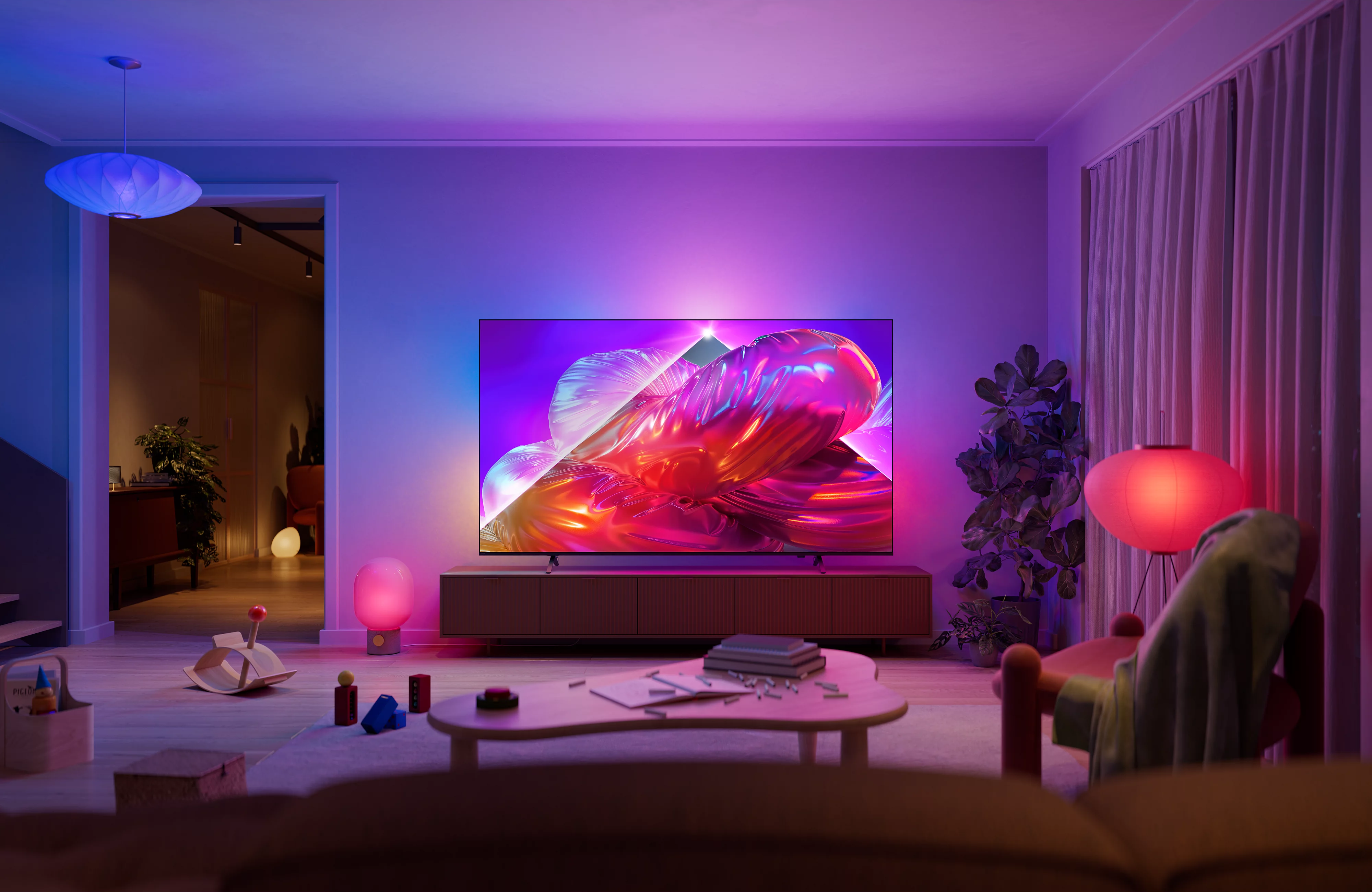 Salon avec une grande télévision affichant de l'art abstrait, complété par un éclairage d'ambiance bleu et rose.