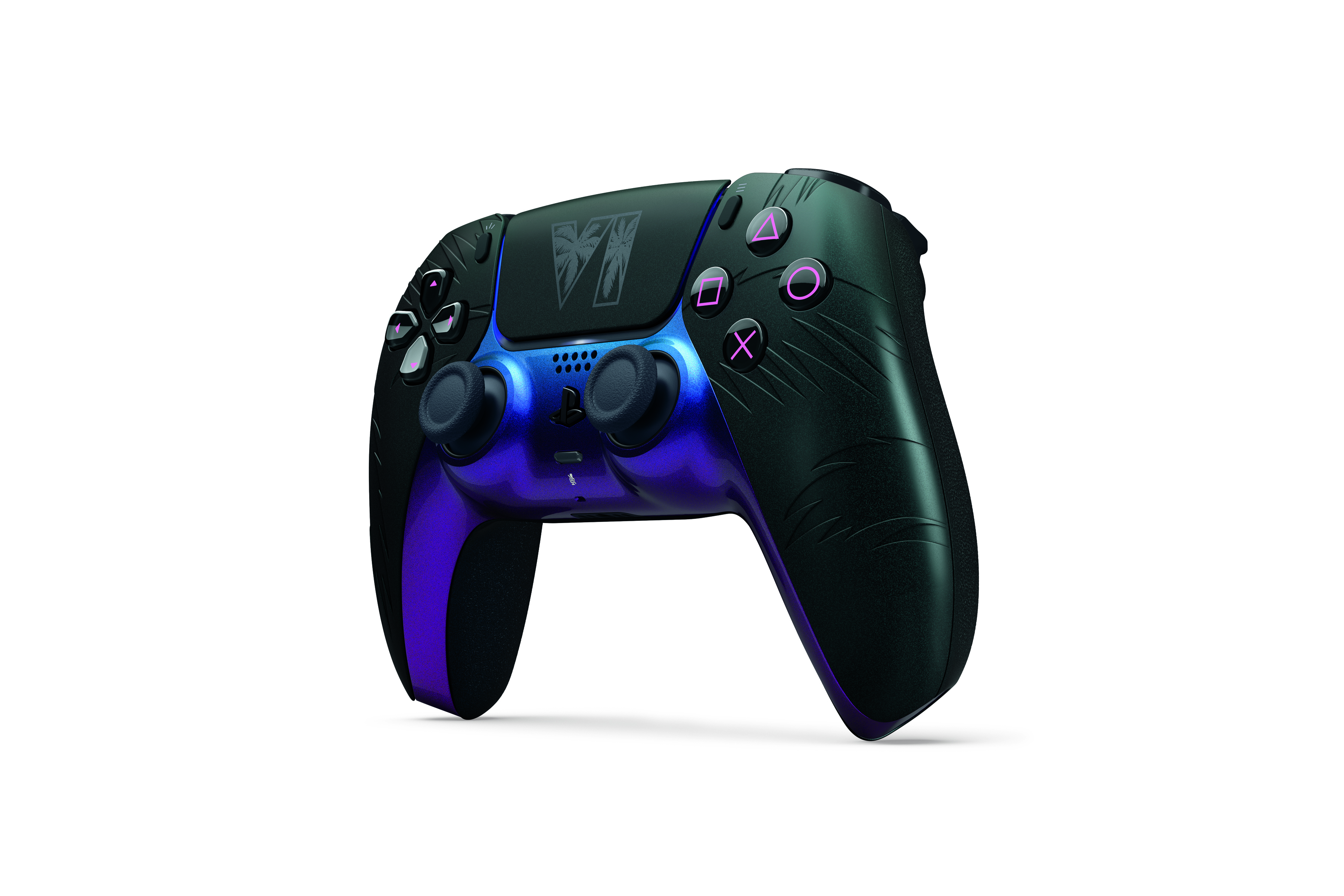 Beyaz arka planda grafik desenli ve pembe detaylı siyah ve mor bir PlayStation kontrolcüsü.