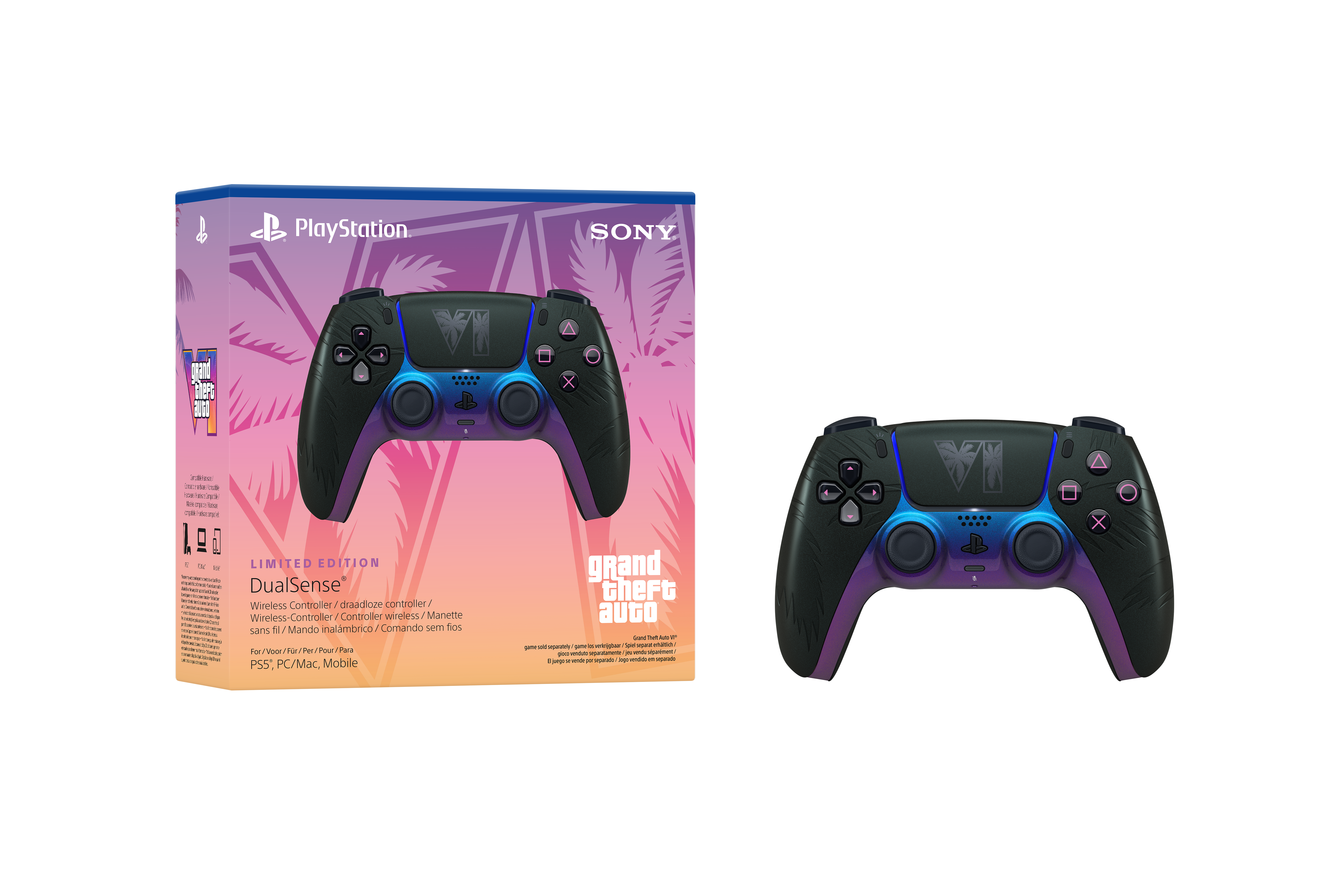 Siyah arka plan uzerinde sinirli sayida Grand Theft Auto VI DualSense kablosuz kontrolor ve kutusu.