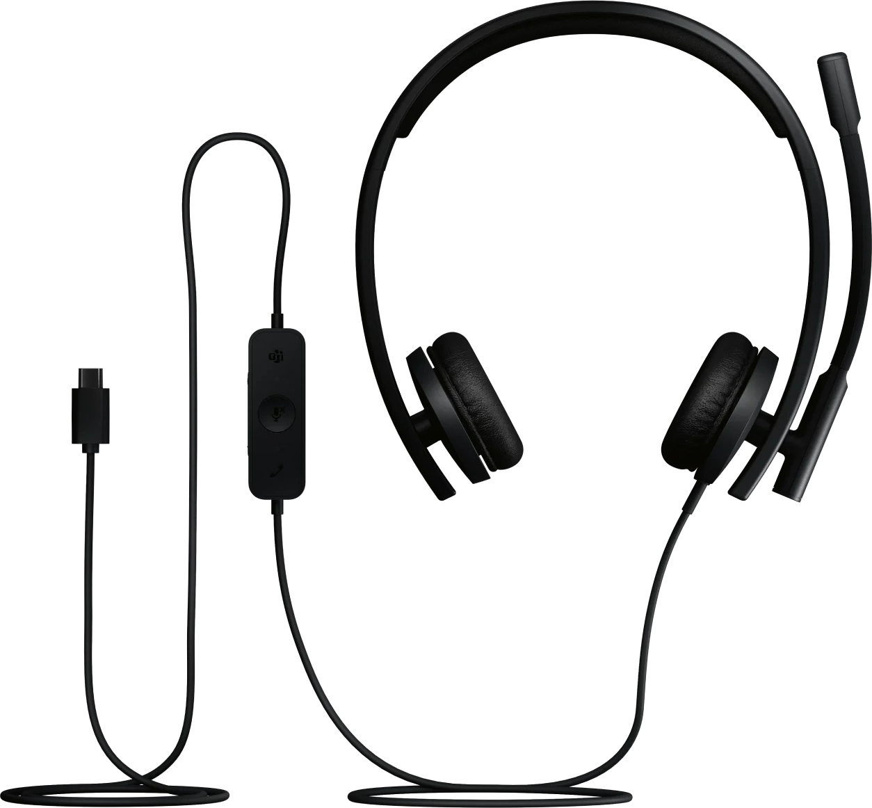 Cuffie cablate nere con unità di controllo in linea e connettore USB-C su sfondo nero.