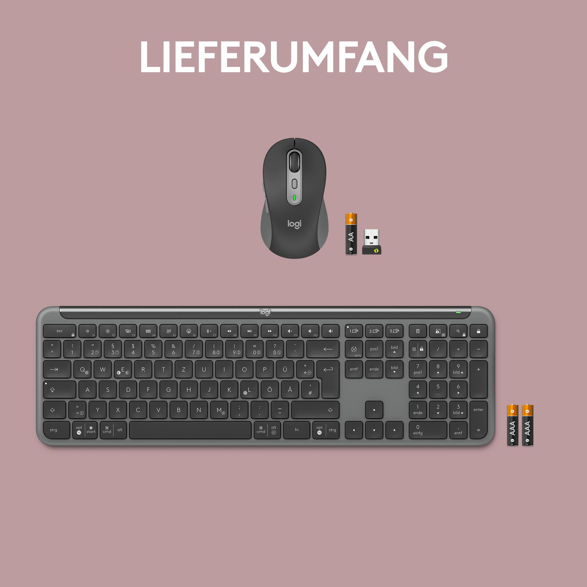 Graue Logitech-Tastatur, passende Maus, USB-Empfänger und mitgelieferte AA- und AAA-Batterien auf rosa Hintergrund.