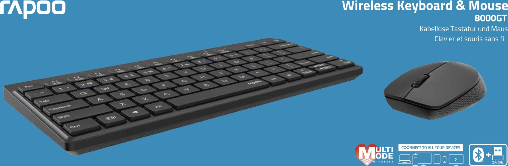Schwarze kabellose Tastatur und passende Maus vor blauem Hintergrund mit weißem Text.