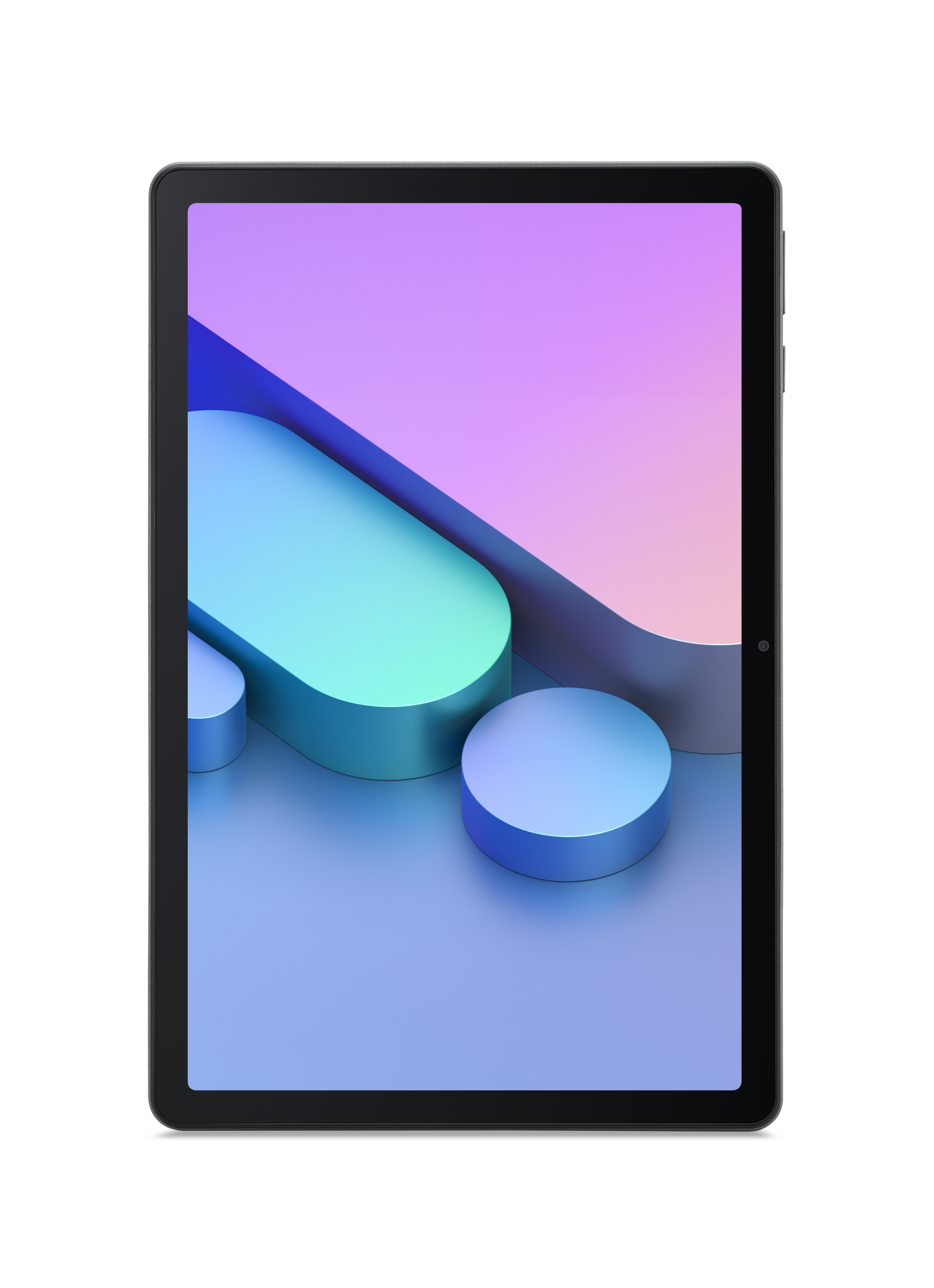 Ein Tablet mit schwarzem Rahmen zeigt einen bunten Hintergrund aus blauen und rosa geometrischen Formen.