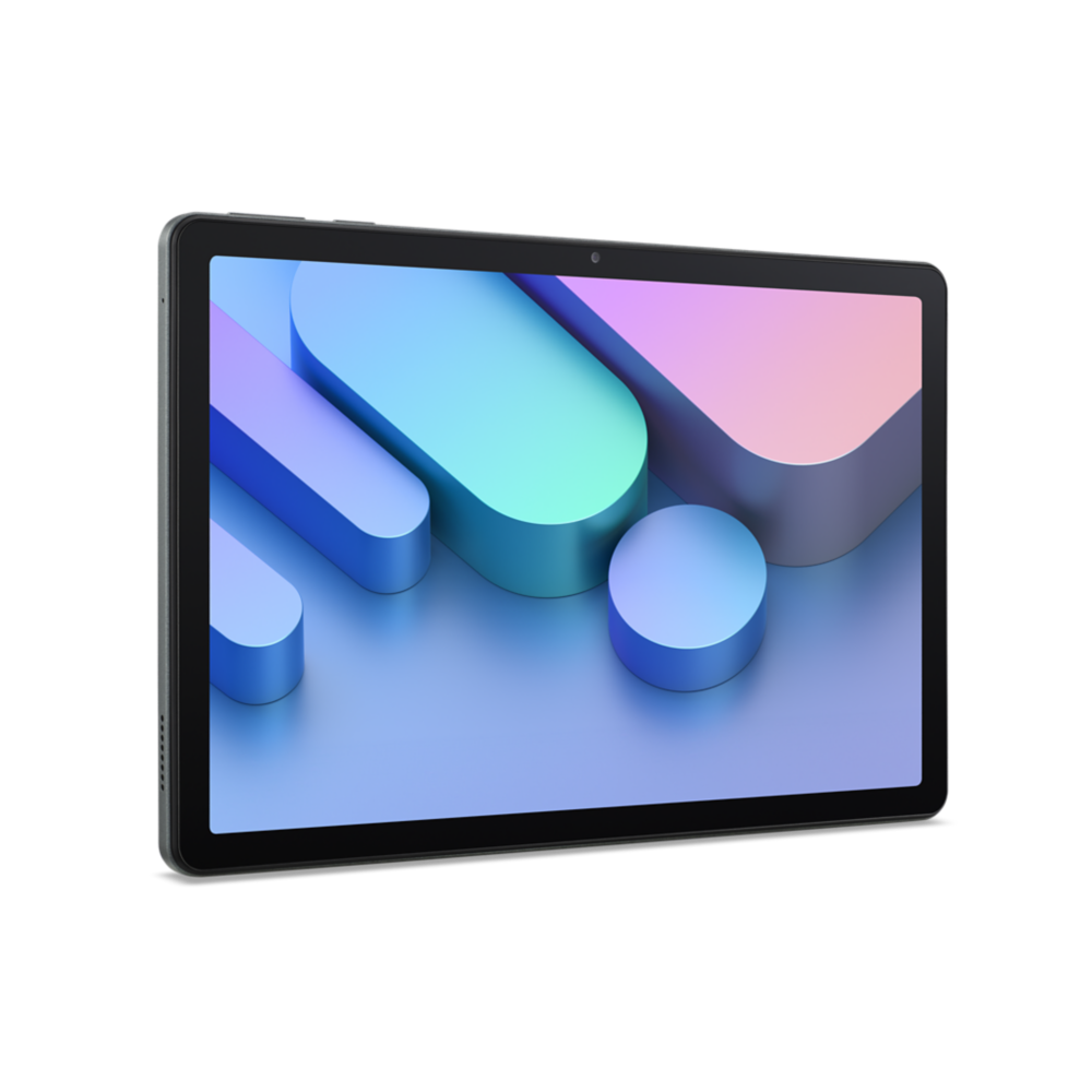 Ein Tablet mit einem bunten abstrakten Hintergrund auf dem Bildschirm vor schwarzem Hintergrund.