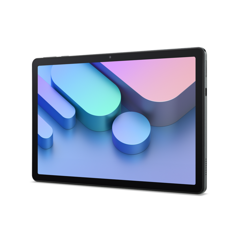 Ein schwarzes Tablet zeigt einen bunten abstrakten Bildschirm mit blauen und rosafarbenen geometrischen Formen.
