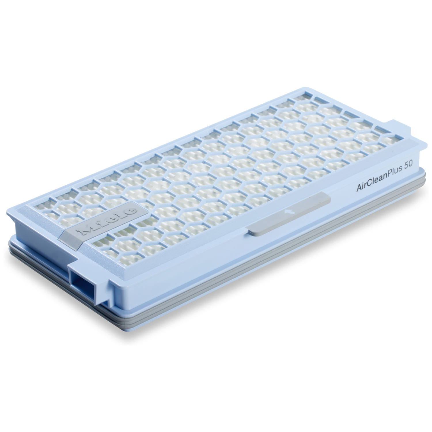 Blauwe Miele AirCleanPlus 50 stofzuigerfilter met honingraatpatroon op witte achtergrond.