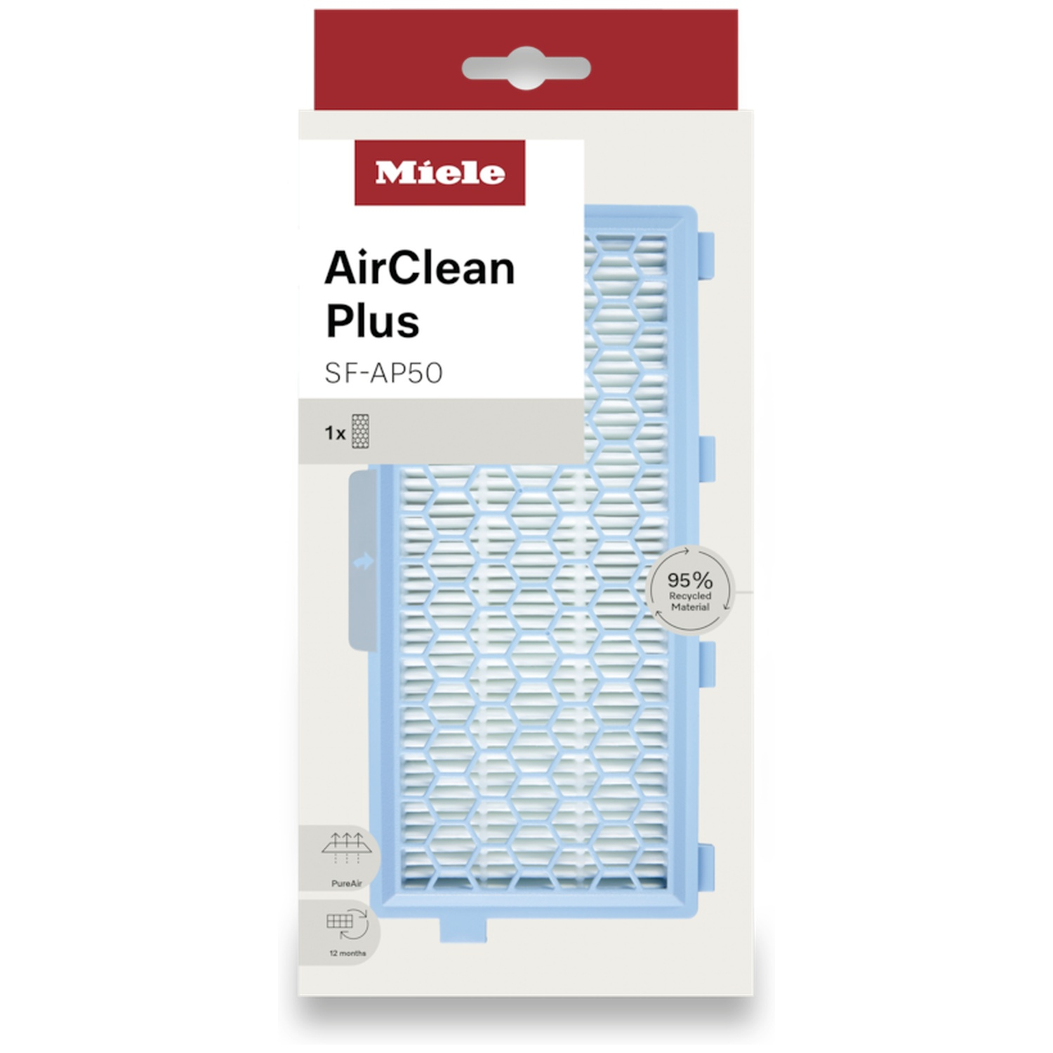 Miele AirClean Plus SF-AP50 stofzuigfilter in lichtblauwe verpakking met wit patroon.