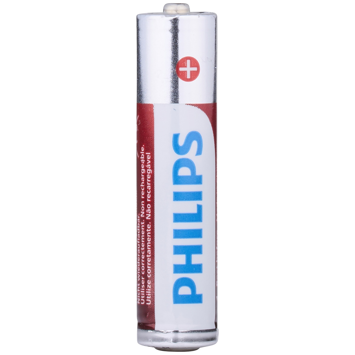 Une pile AA Philips blanche et rouge avec des lettres bleues et une borne positive.