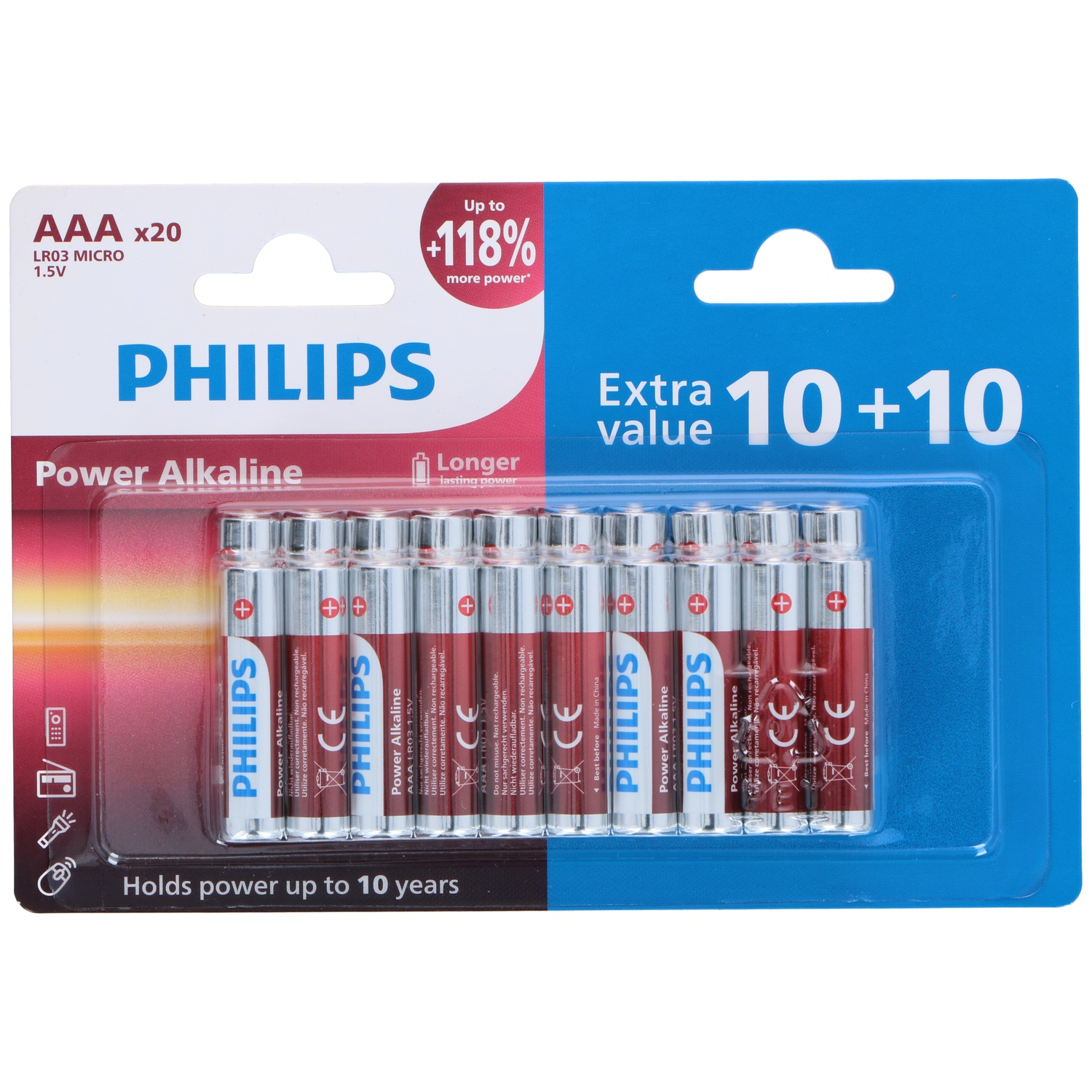 Emballage contenant vingt piles alcalines rouges Philips AAA Power sur fond bleu et blanc.
