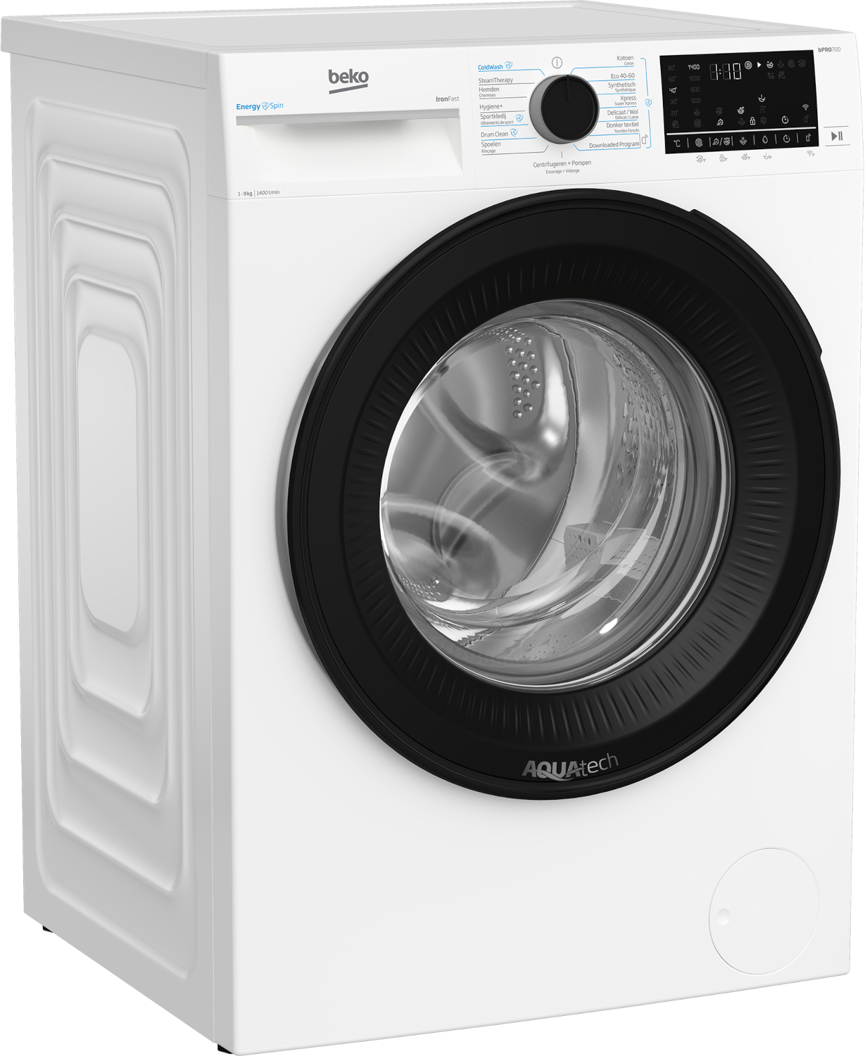 Witte Beko voorlader wasmachine met zwart deur en digitaal bedieningspaneel tegen een witte achtergrond.