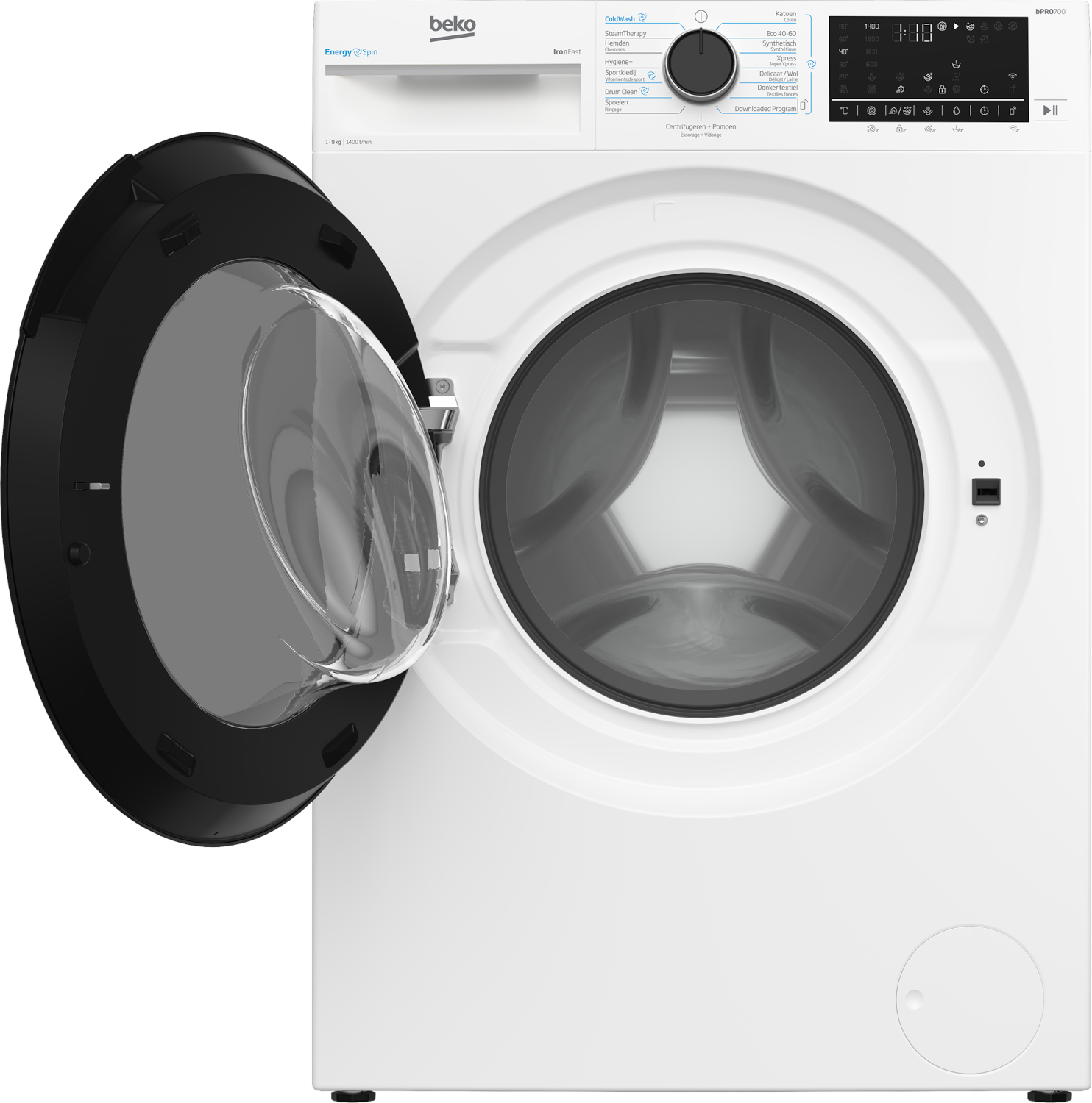 Een witte Beko wasmachine met open deur, zwart bedieningspaneel en draaiknop op een witte achtergrond.