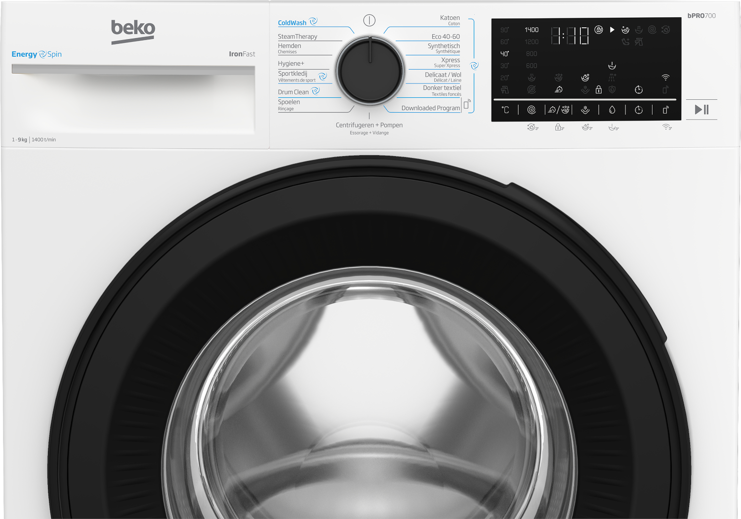 Witte Beko wasmachine met een zwarte programmaknop en digitaal display.
