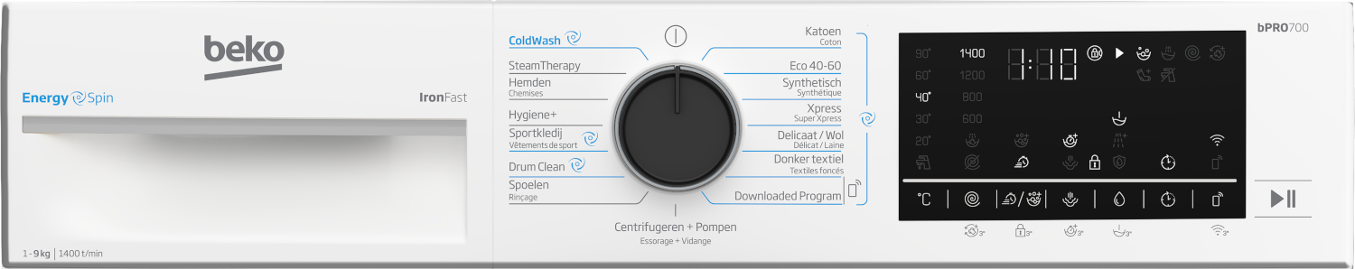 Beko wasmachine bedieningspaneel met centrale draaiknop, programmalabels en digitaal display.