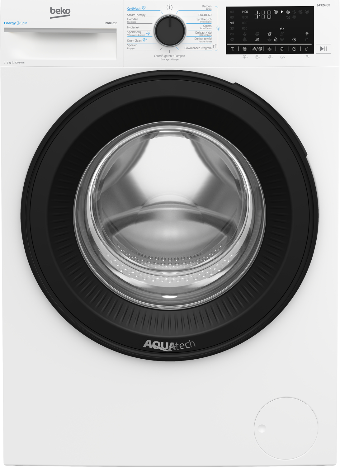 Een witte Beko wasmachine met een zwarte ronde glazen deur en digitaal display.