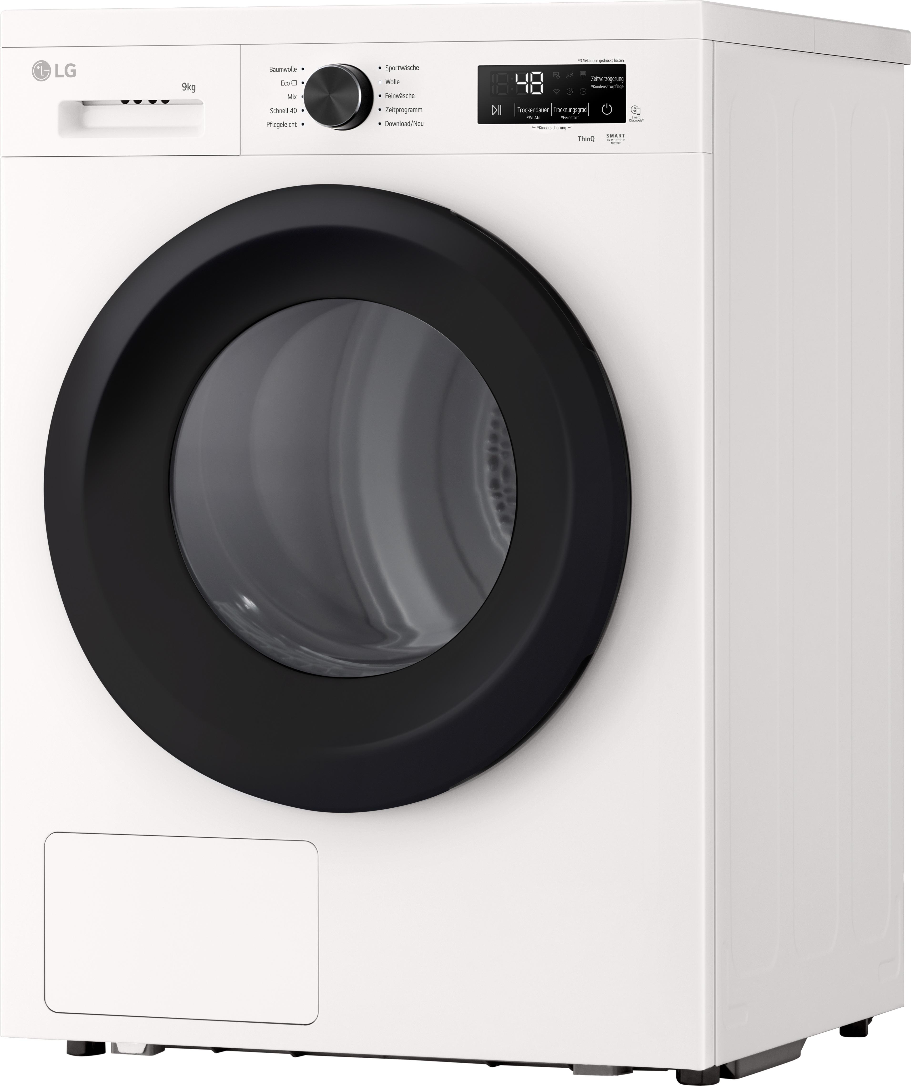 Ein weißer LG Trockner mit großer schwarzer Glastür, Drehregler und digitalem Display.
