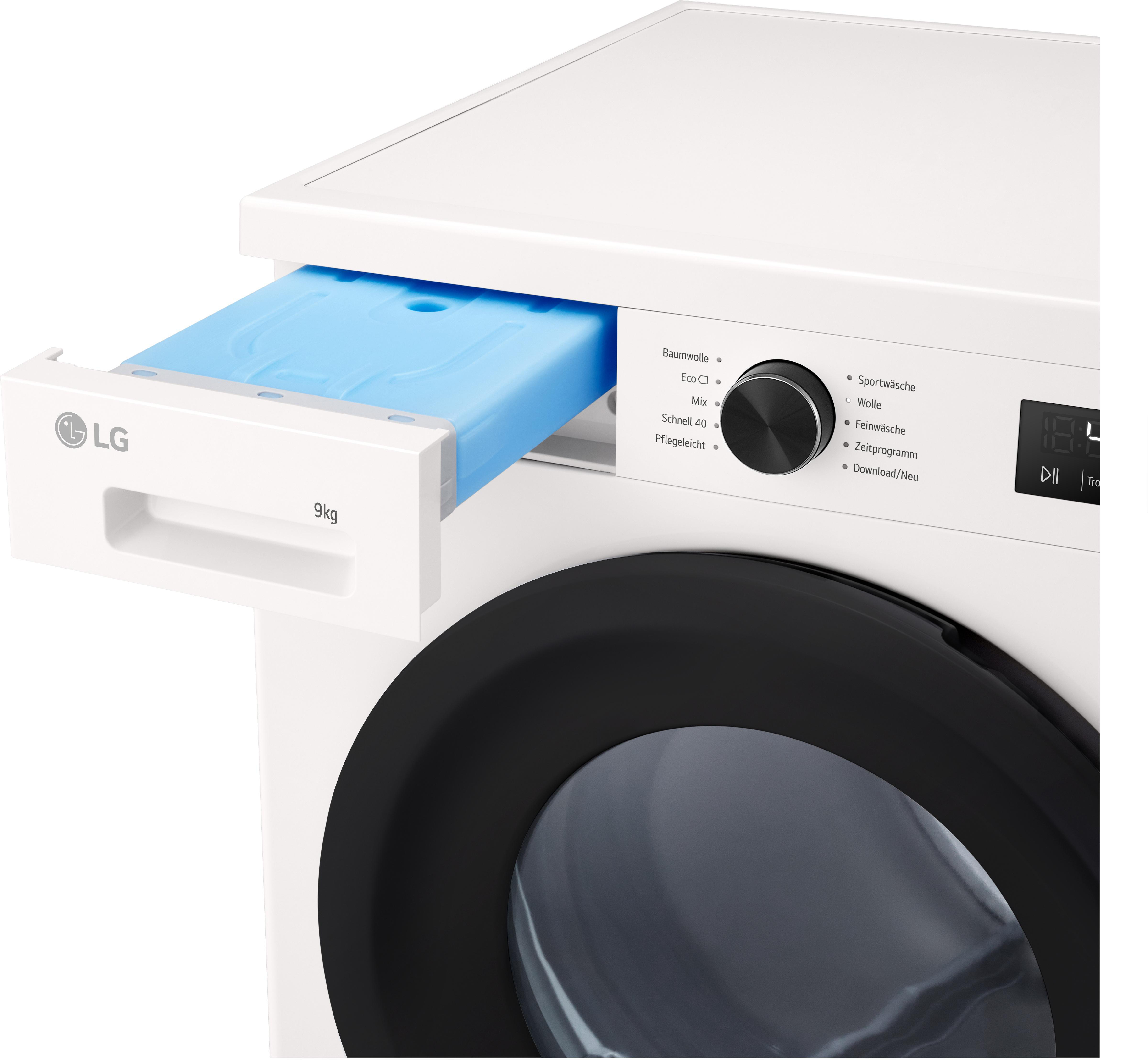 Eine weiße LG-Waschmaschine mit herausgezogener blauer Waschmittelschublade und schwarzem Bedienknopf.