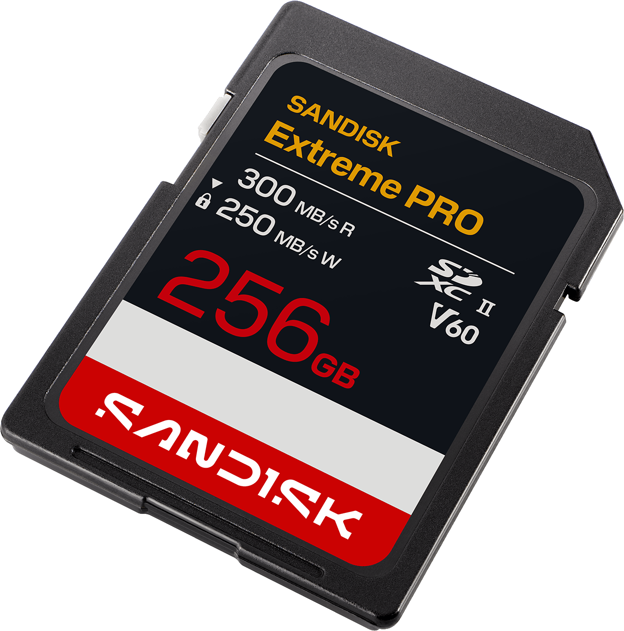 Une carte SD SanDisk Extreme PRO 256 Go avec détails de vitesse de lecture et de capacité sur fond noir.