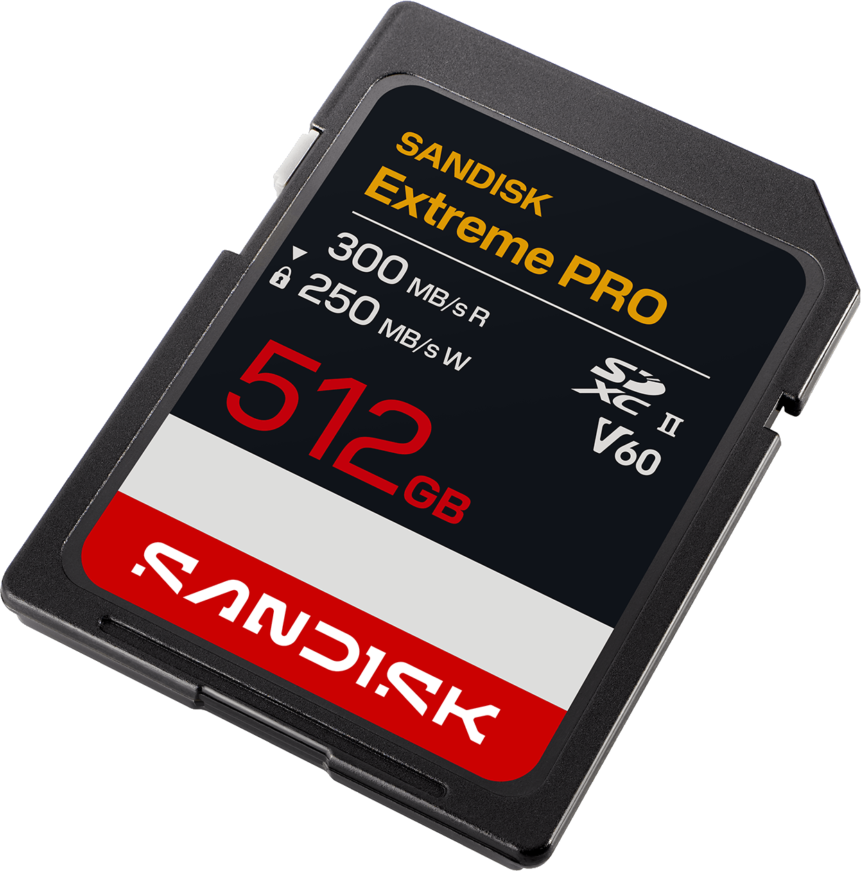 Une carte SD Sandisk Extreme Pro de 512 Go avec un boîtier noir et une partie inférieure rouge.