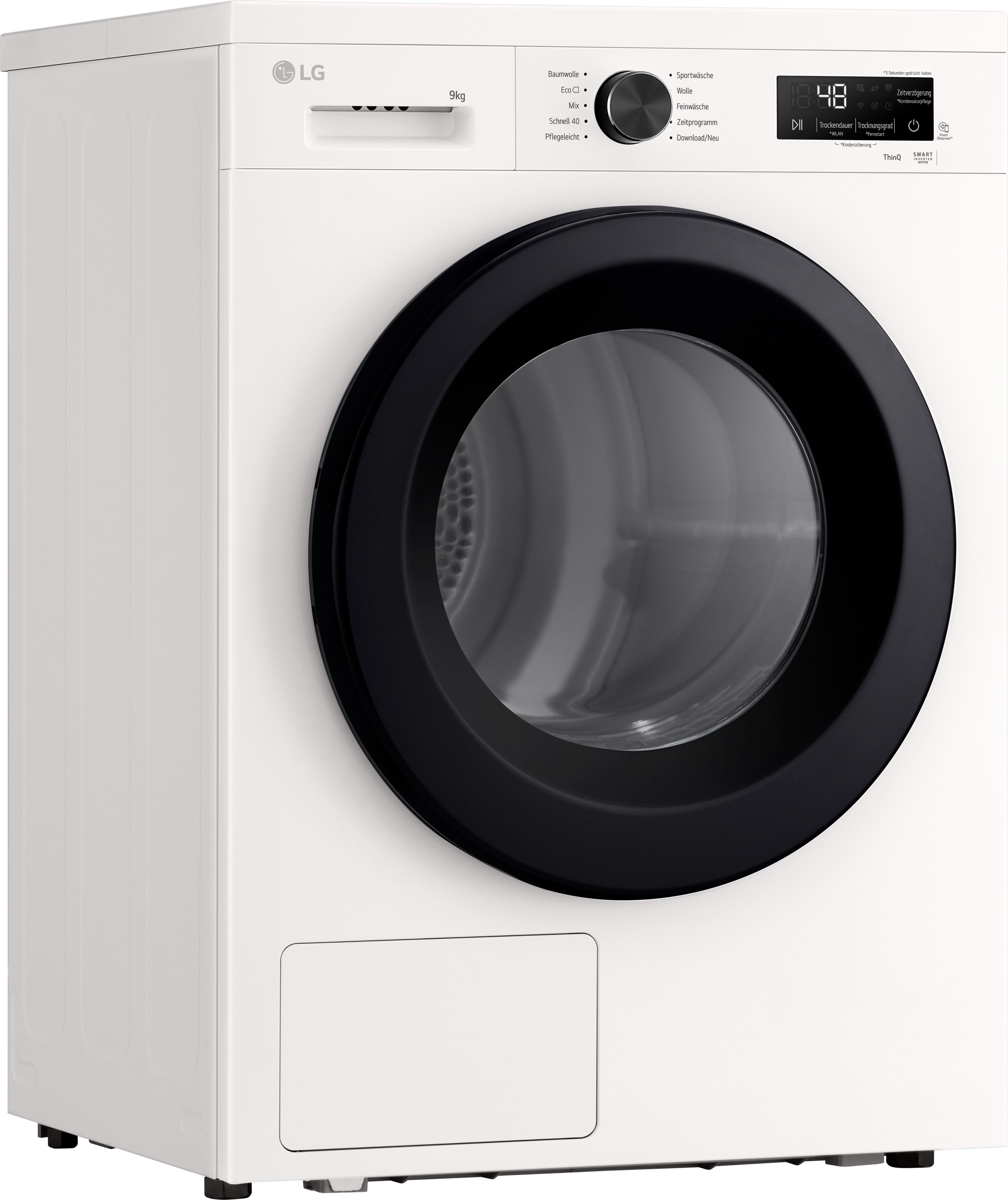 Ein weißer LG-Trockner mit schwarzer Glastür, Drehknopf und digitalem Display vor weißem Hintergrund.