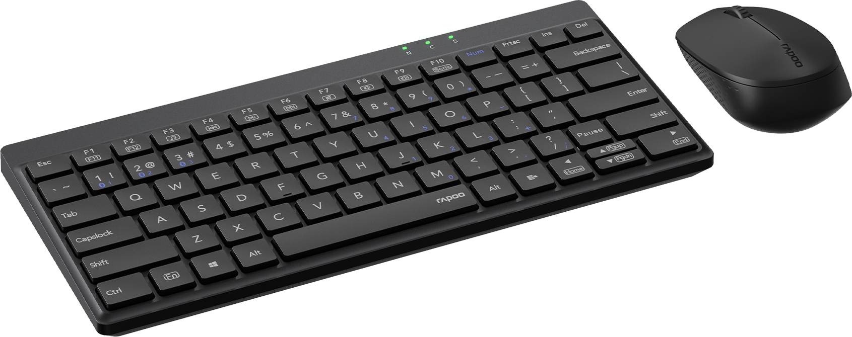 Schwarze kabellose Tastatur mit kompakter Anordnung und dazu passende schwarze kabellose Maus.