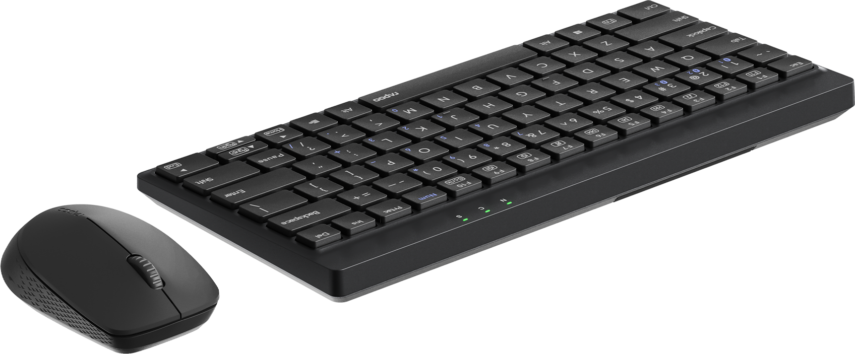 Eine schwarze kabellose Tastatur und eine schwarze kabellose Maus auf schwarzem Hintergrund.