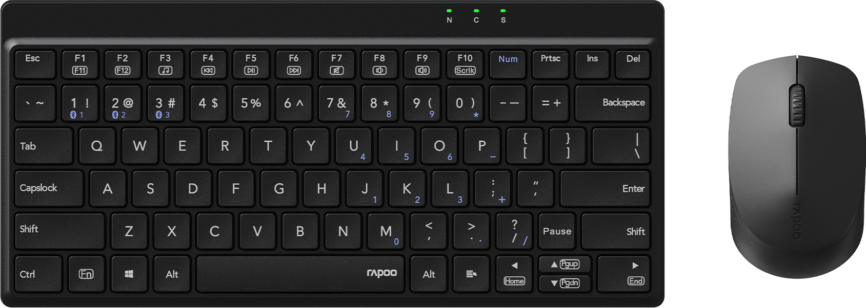 Ein schwarzes kabelloses Tastatur- und Mausset vor schwarzem Hintergrund.