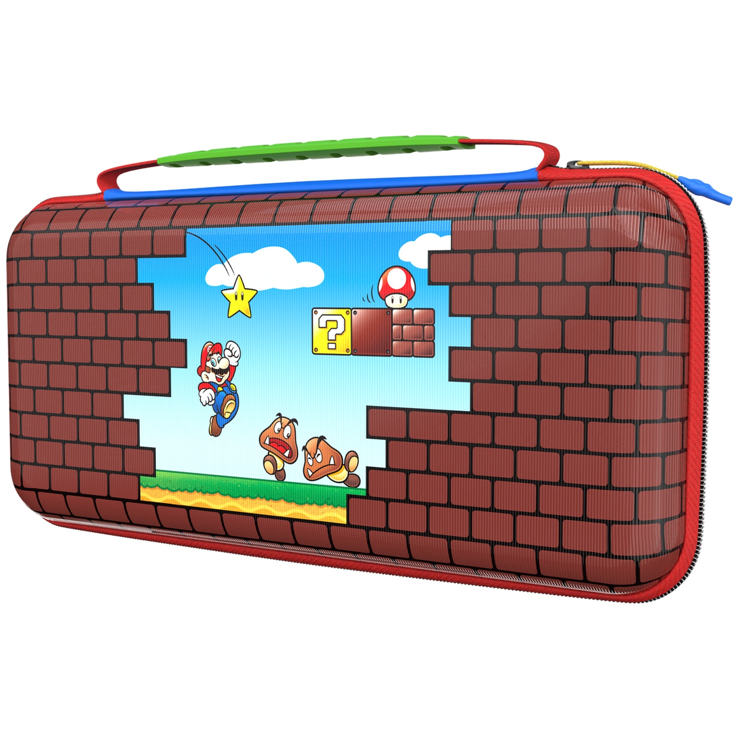 A Super Mario themed carrying case features brick walls, Mario jumping, Goombas, a star, and a mushroom on a blue background.