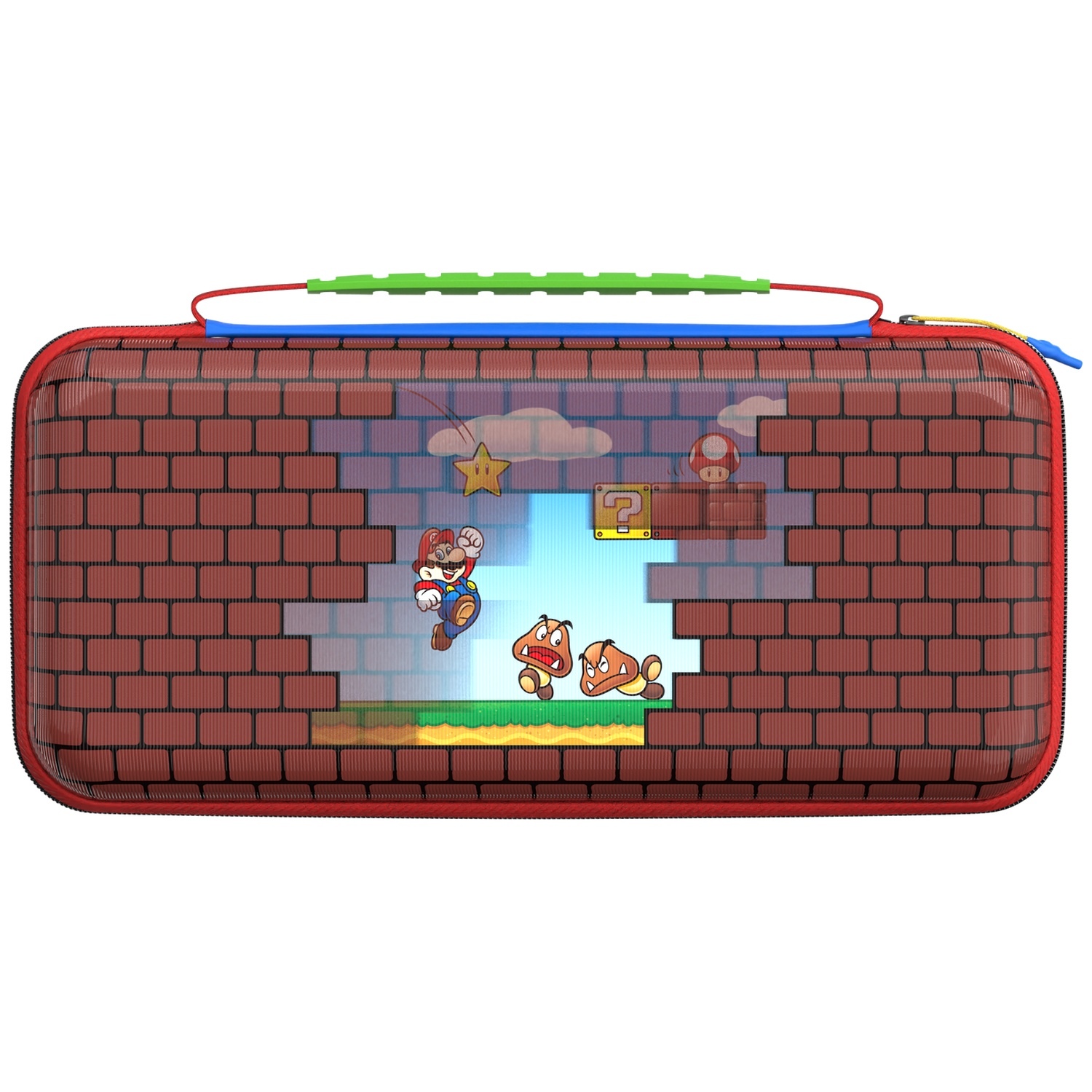 A red Super Mario console case with brick pattern and Mario jumping over Goombas.
