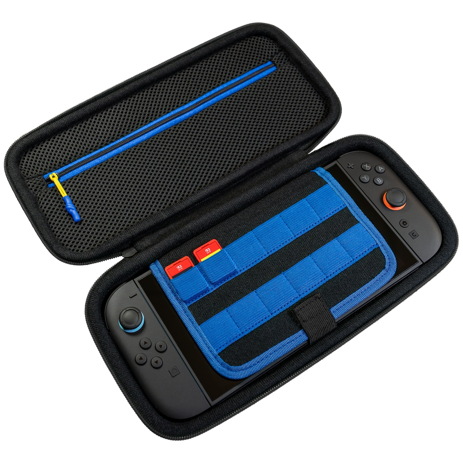 An open black and blue Nintendo Switch case holding the console and two red game cards on a white background.