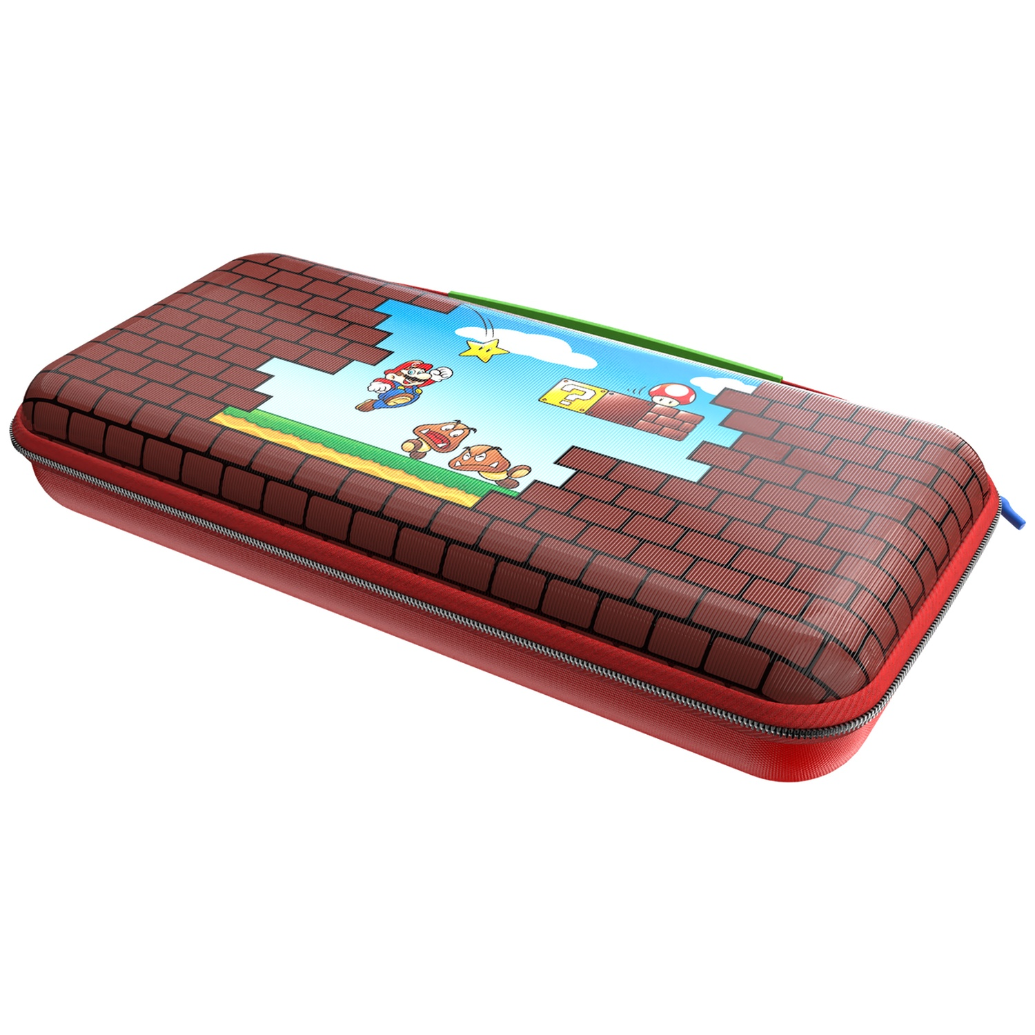 A red Mario-themed console case featuring a brick pattern and a classic game scene on top.