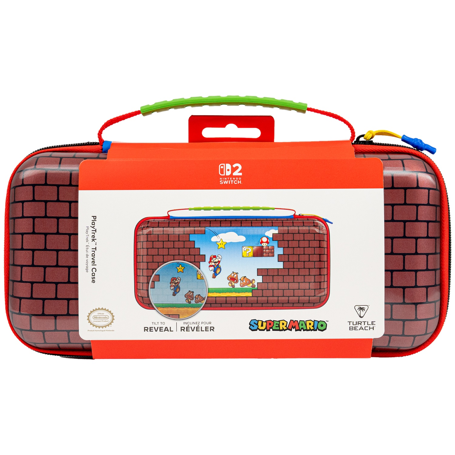 Super Mario Nintendo Switch travel case with brick pattern and green handle in retail packaging.
