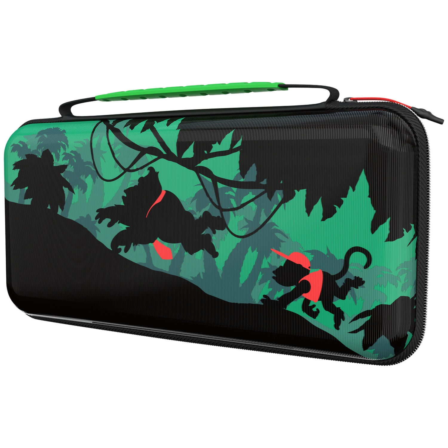 A green and black gaming carrying case featuring a jungle theme, a gorilla, and a monkey.