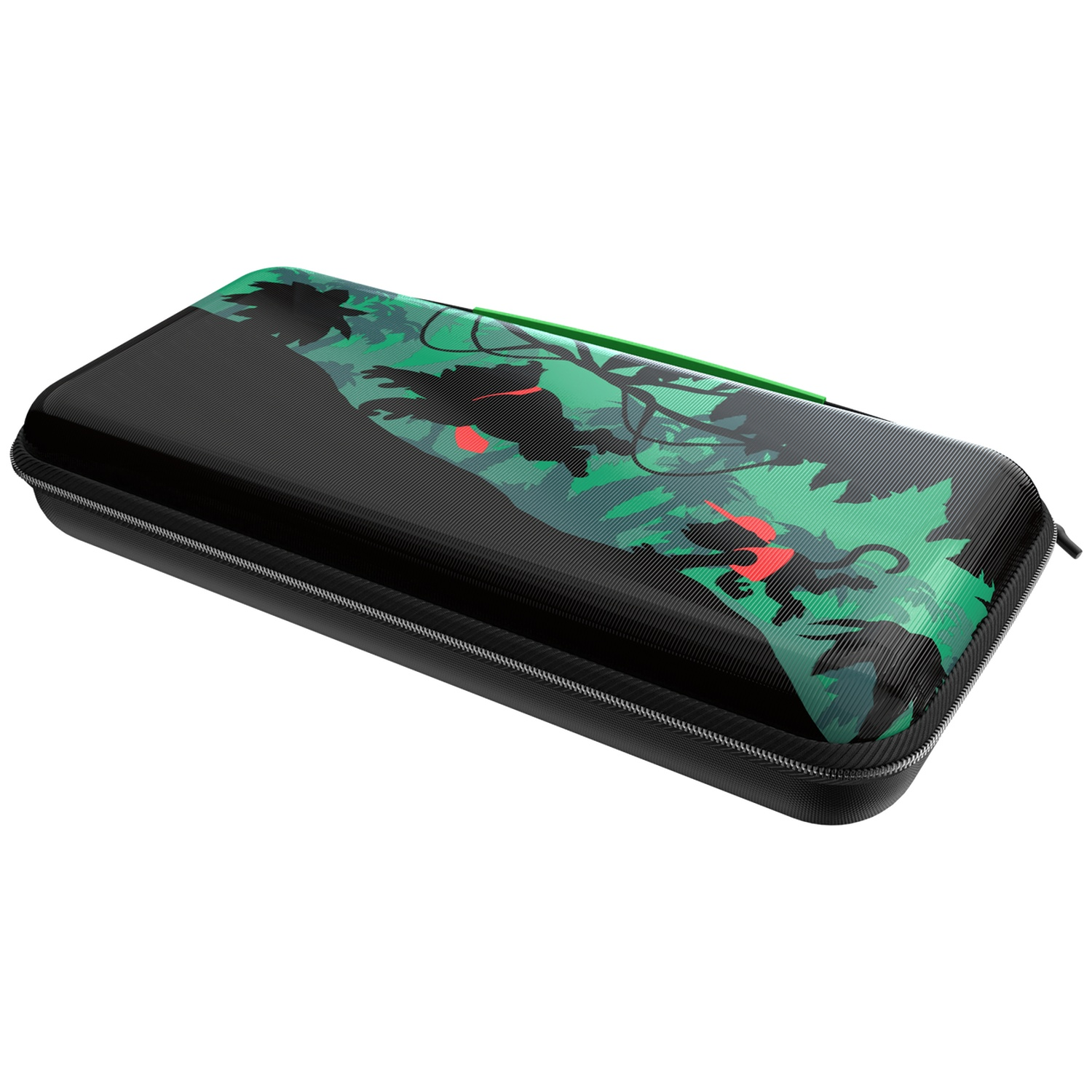 Black hard shell carrying case with a green jungle and dinosaur pattern.