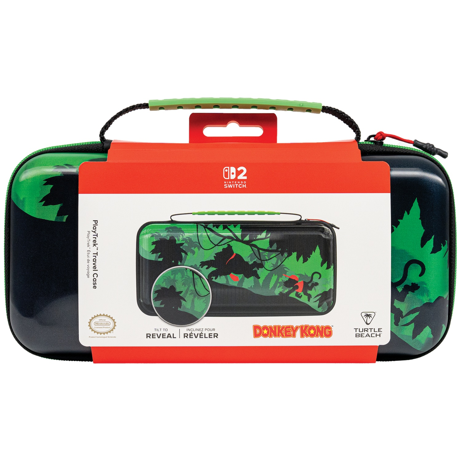 Green Donkey Kong travel case for Nintendo Switch in packaging with a jungle design.