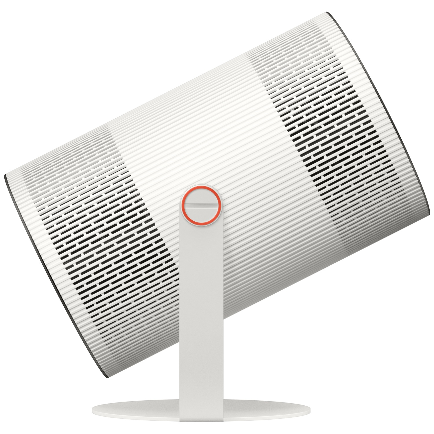 Un purificateur d'air cylindrique blanc avec des motifs de grille et un accent rouge sur un support.