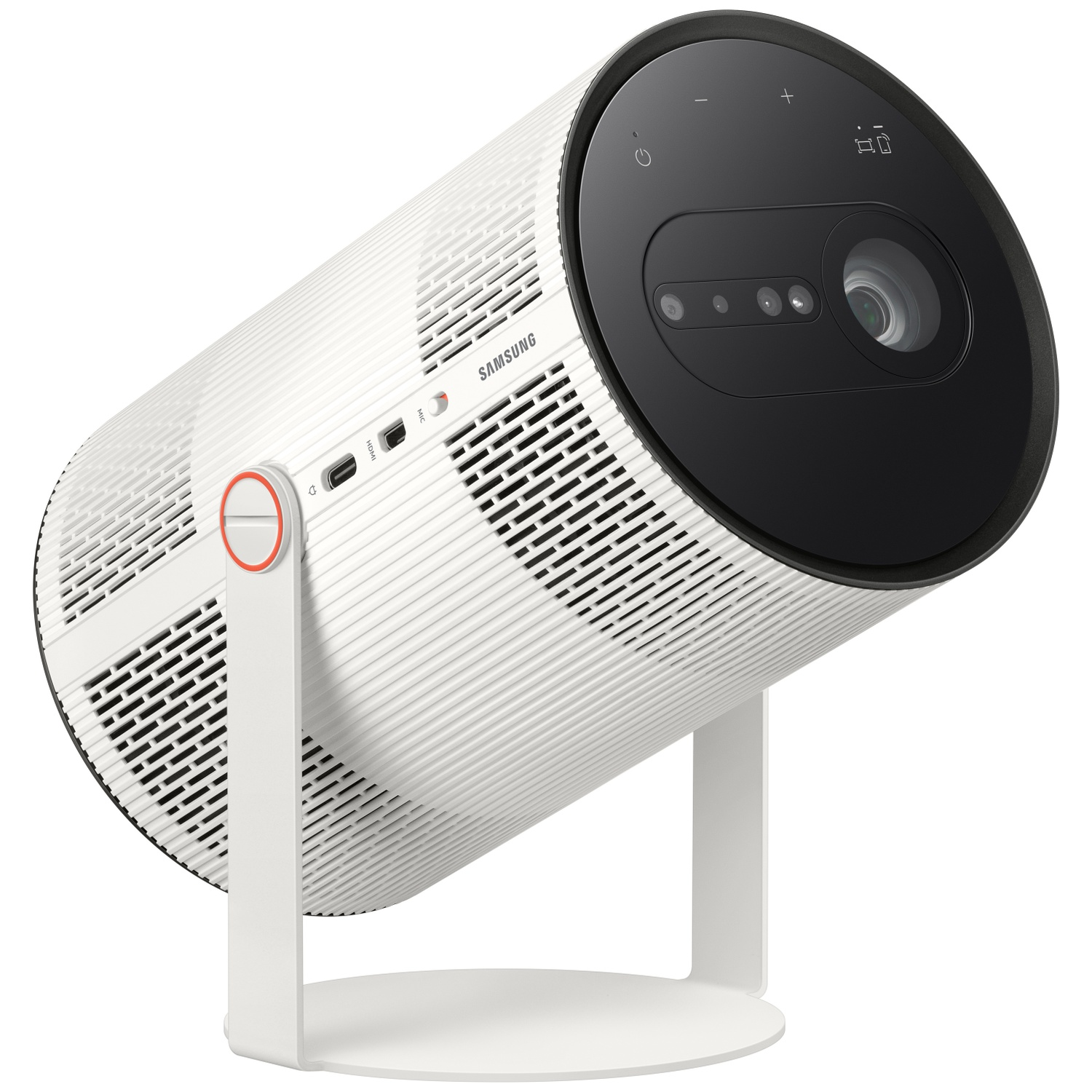 Un projecteur Samsung blanc avec une lentille noire sur un support blanc.