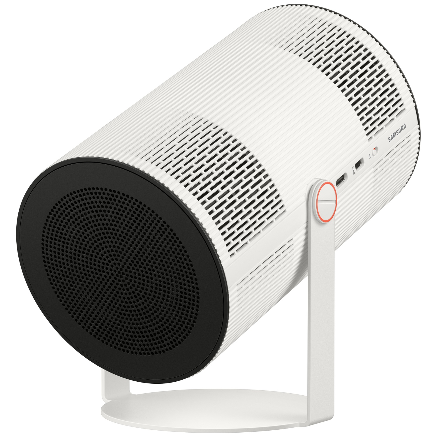 Un projecteur Samsung cylindrique blanc et noir monté sur un support blanc sur fond clair.