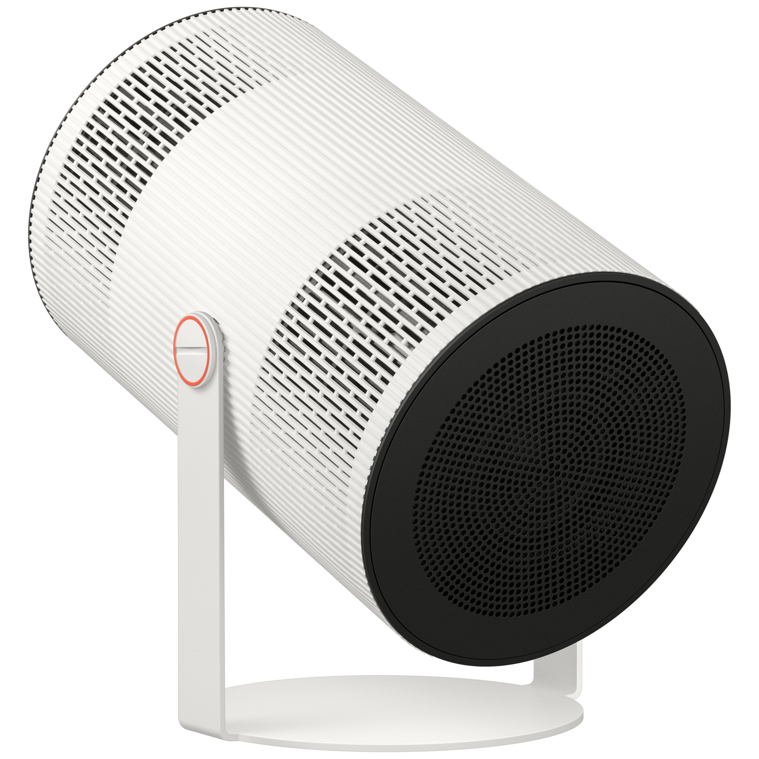 Un purificateur d'air cylindrique blanc avec une grille avant noire sur une base blanche.